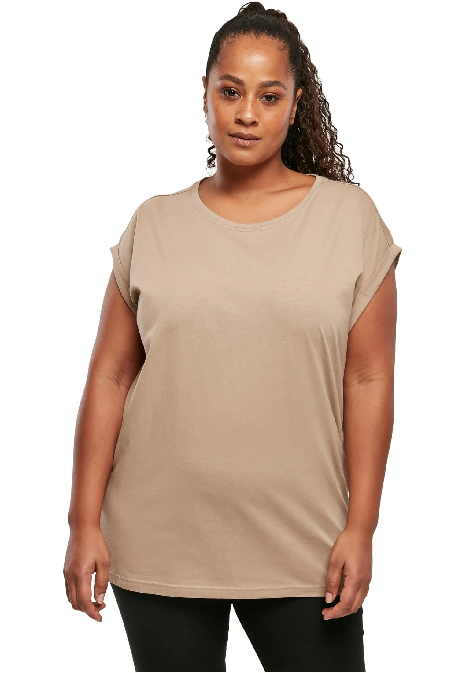URBAN CLASSICS t-shirt da Donna con Manica Arrotolata, Maglietta a Maniche Corte da Donna in Cotone, Tee Shirt con Scollo Rotondo e Spalle Arrotondate, Beige, L