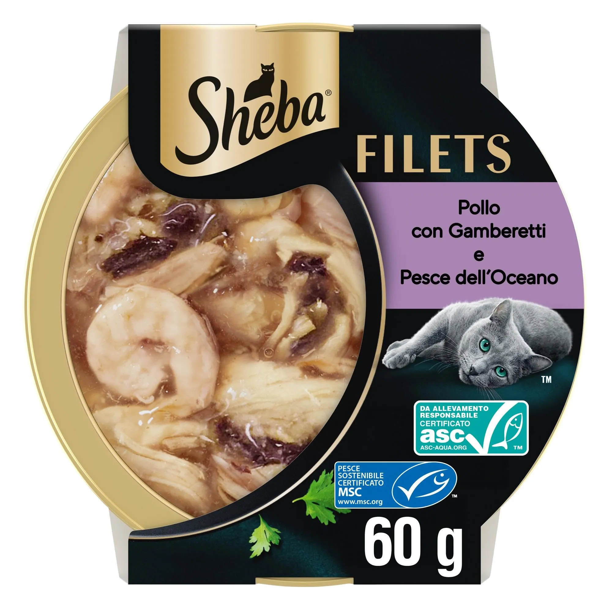 Sheba Filets Cibo Umido per Gatti Adulti con Pollo, Pesce Oceano e Gamberetti in Salsa, 32 Vaschette da 60 g, Totale 1.920g