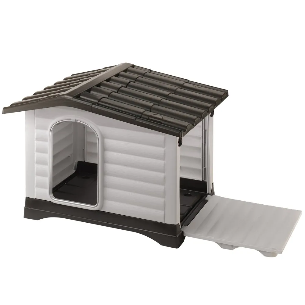 Ferplast DOGVILLA 110 Casetta per Cani, Lato Apribile, Fondo Sollevato Anti Umidità, Sistema Fuoriuscita Liquidi, Tetto Rimovibile, Porta Antimorso in Alluminio, Griglia Aerazione, 111 x 84 x h 79 cm