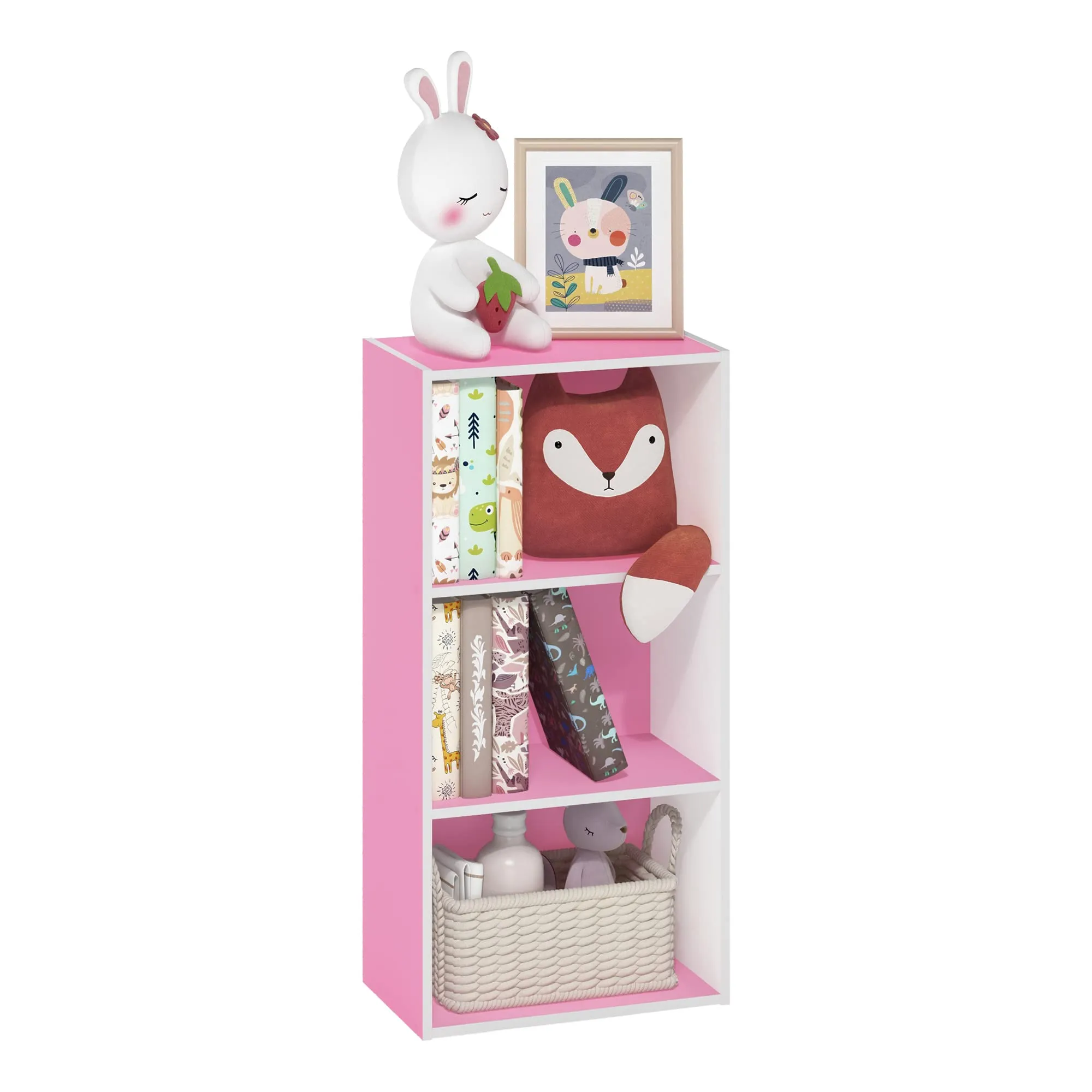 Furinno Luder Libreria a 3 ripiani aperti, rosa/bianco
