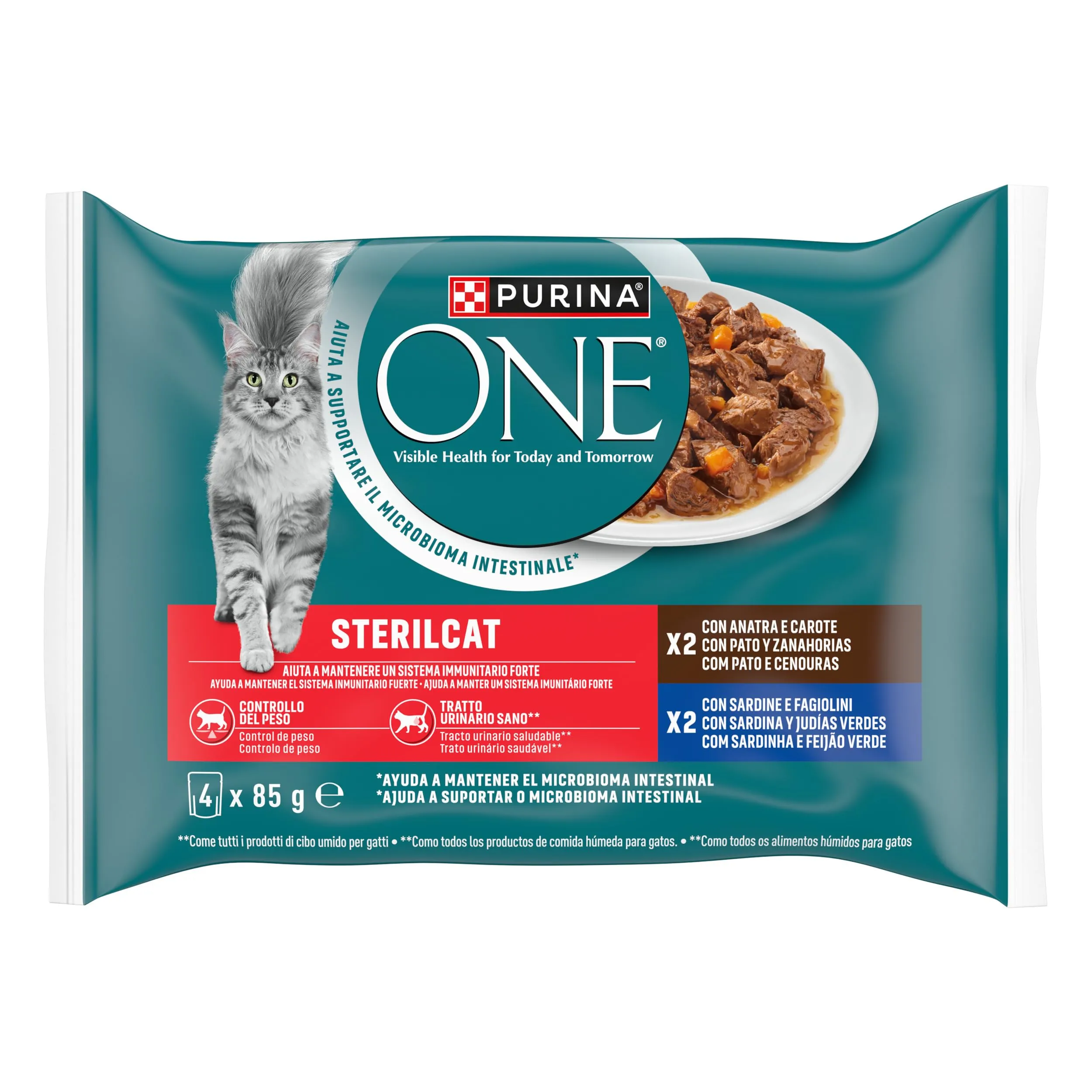 Purina ONE Sterilcat Filettini in Salsa Cibo per Gatti Sterilizzati Anatra e Sardine, 48 buste da 85g