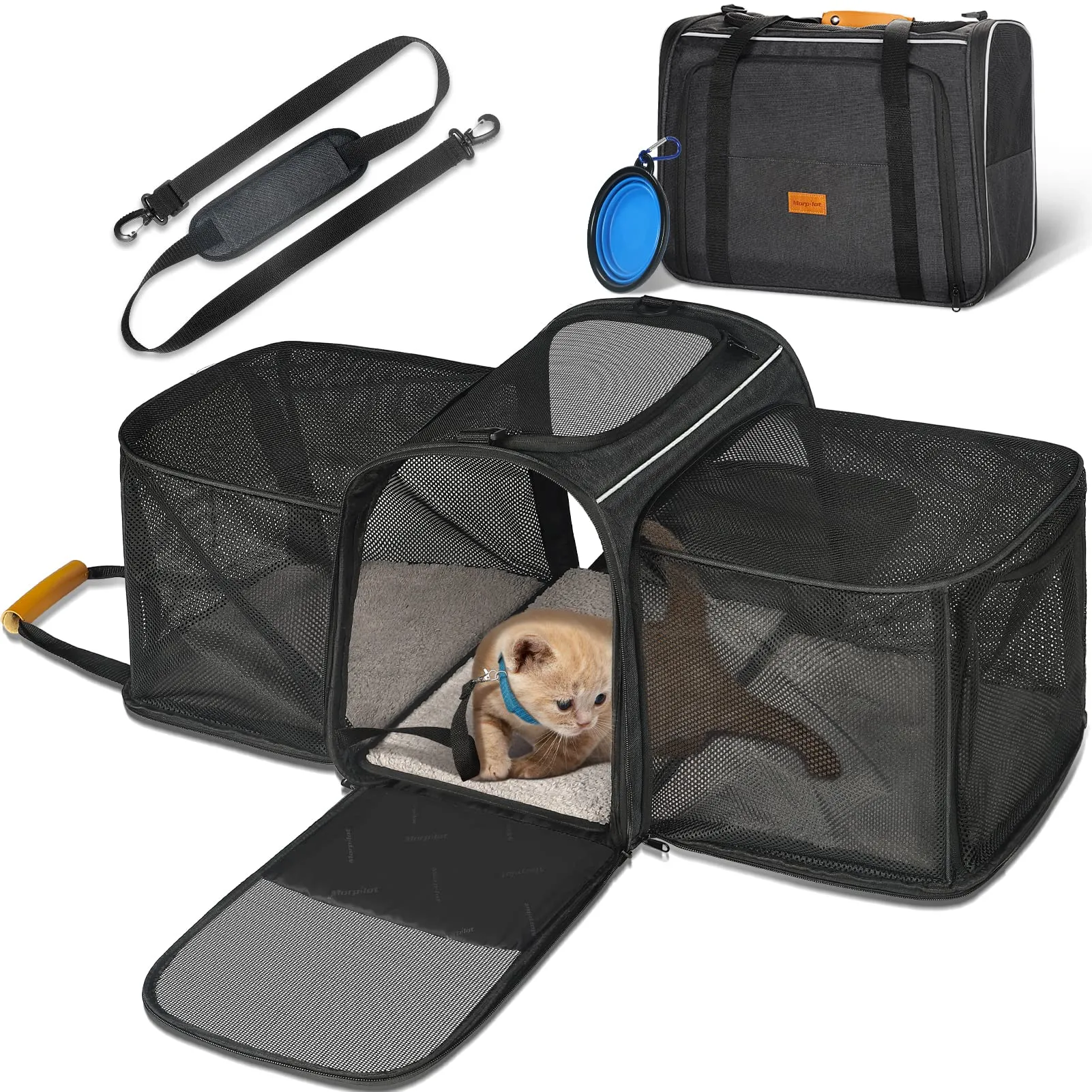 Morpilot Trasportino per gatti grandi e cuccioli fino a 7 kg, con cerniere di sicurezza, pieghevole, per il trasporto di gatti e cani, per andare al veterinario, 45x33x36cm, Grigio Espandibile