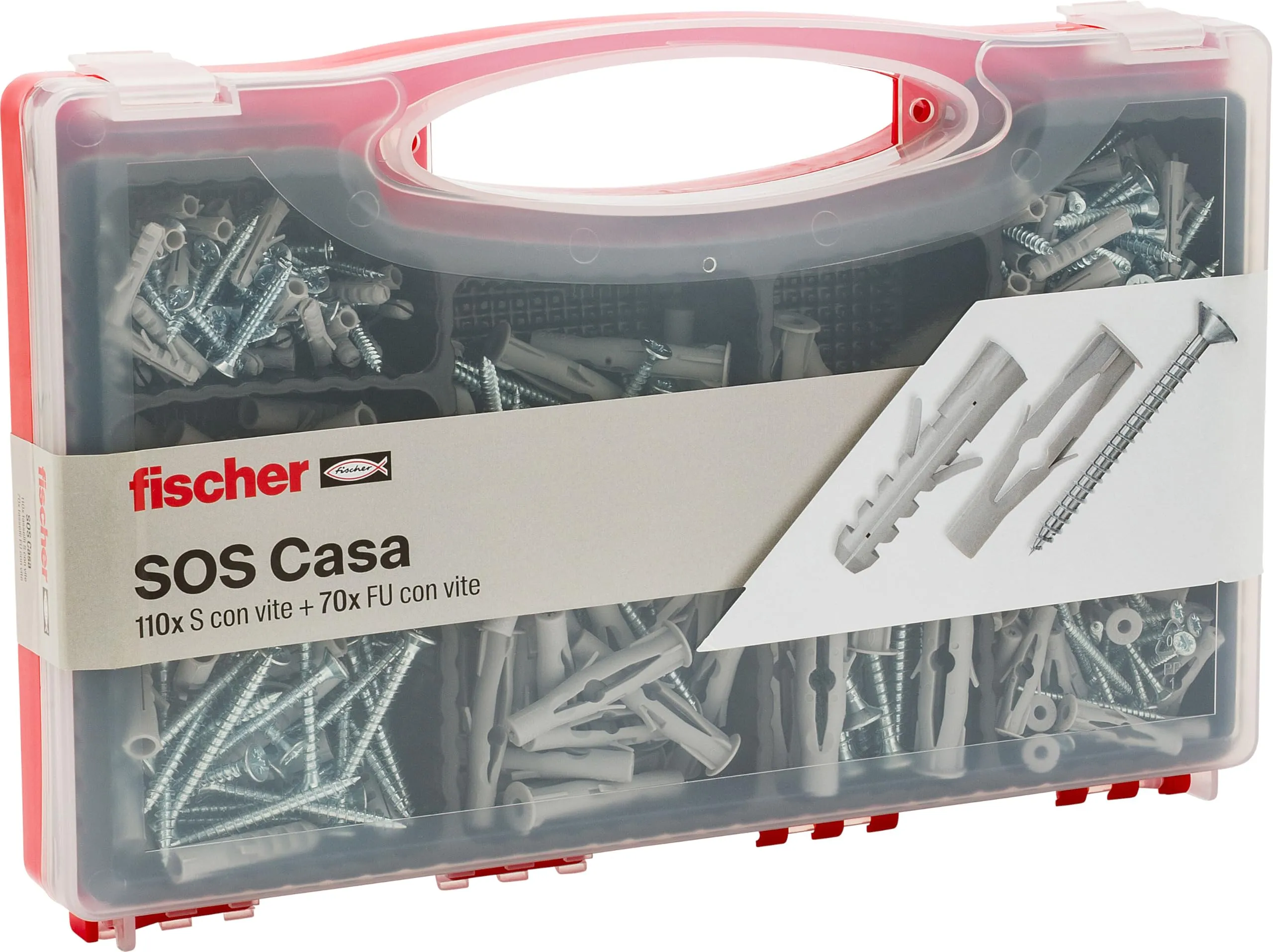 Fischer Kit SOS Casa Valigetta 180 Tasselli con Vite Assortiti per Fissaggio su Muro Pieno, Forato e Cartongesso, Totale Set 360 pezzi, 71080