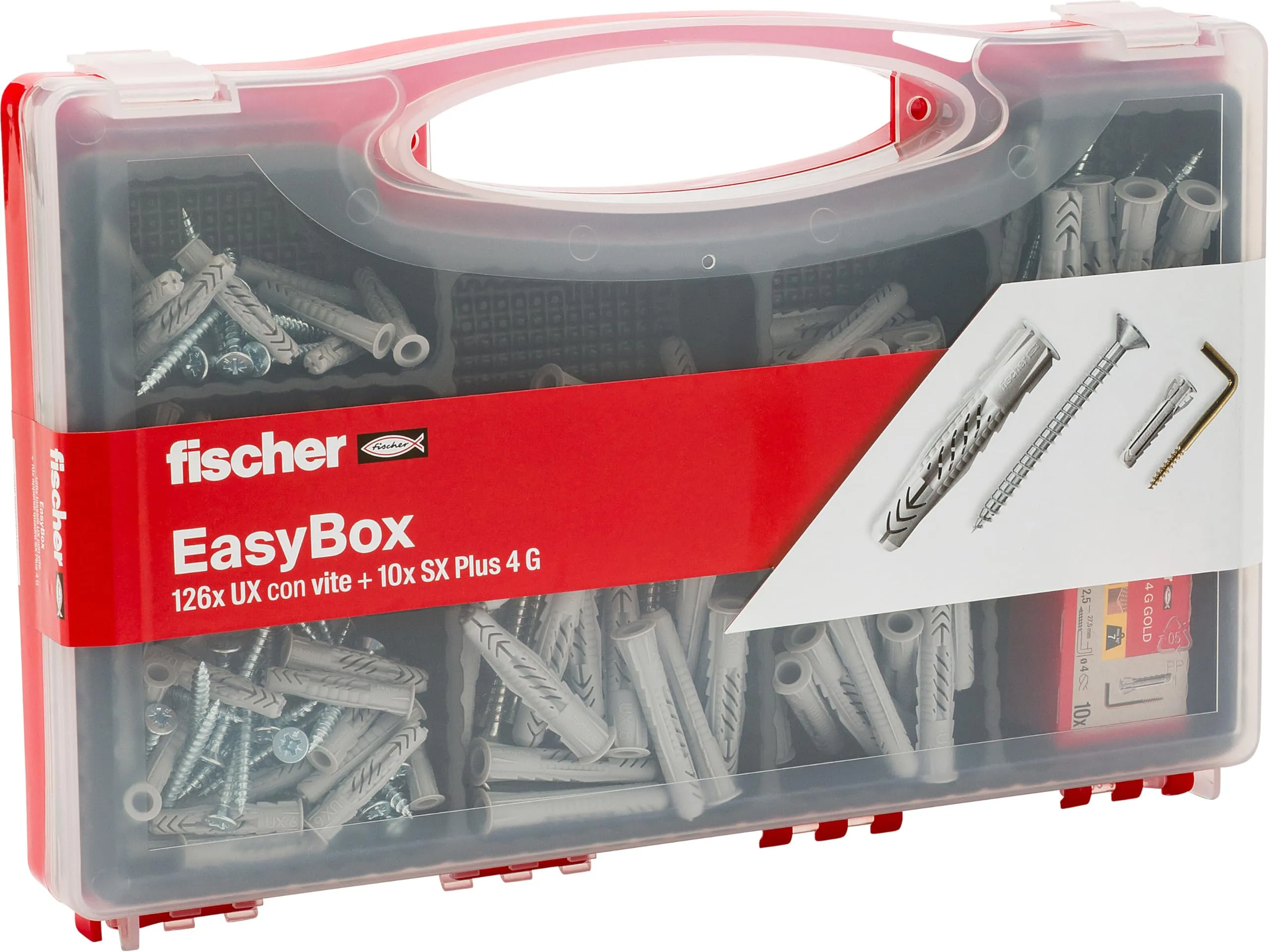 Fischer Easybox Valigetta Tasselli UX con vite Assortiti, SX con gancio appendiquadro per Fissaggio su Muro Pieno e Mattone Forato, Set 252 pezzi, 513433