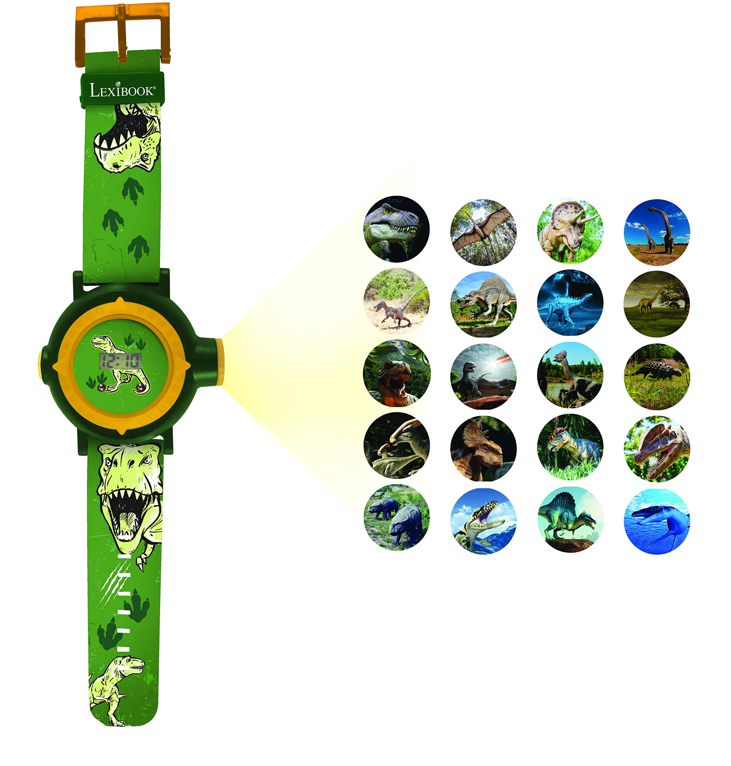 Lexibook - Dinosauri Schermo digitale per orologio a proiezione regolabile - 20 immagini Dinosauri - per Bambini - Verde e giallo - DMW050DINO
