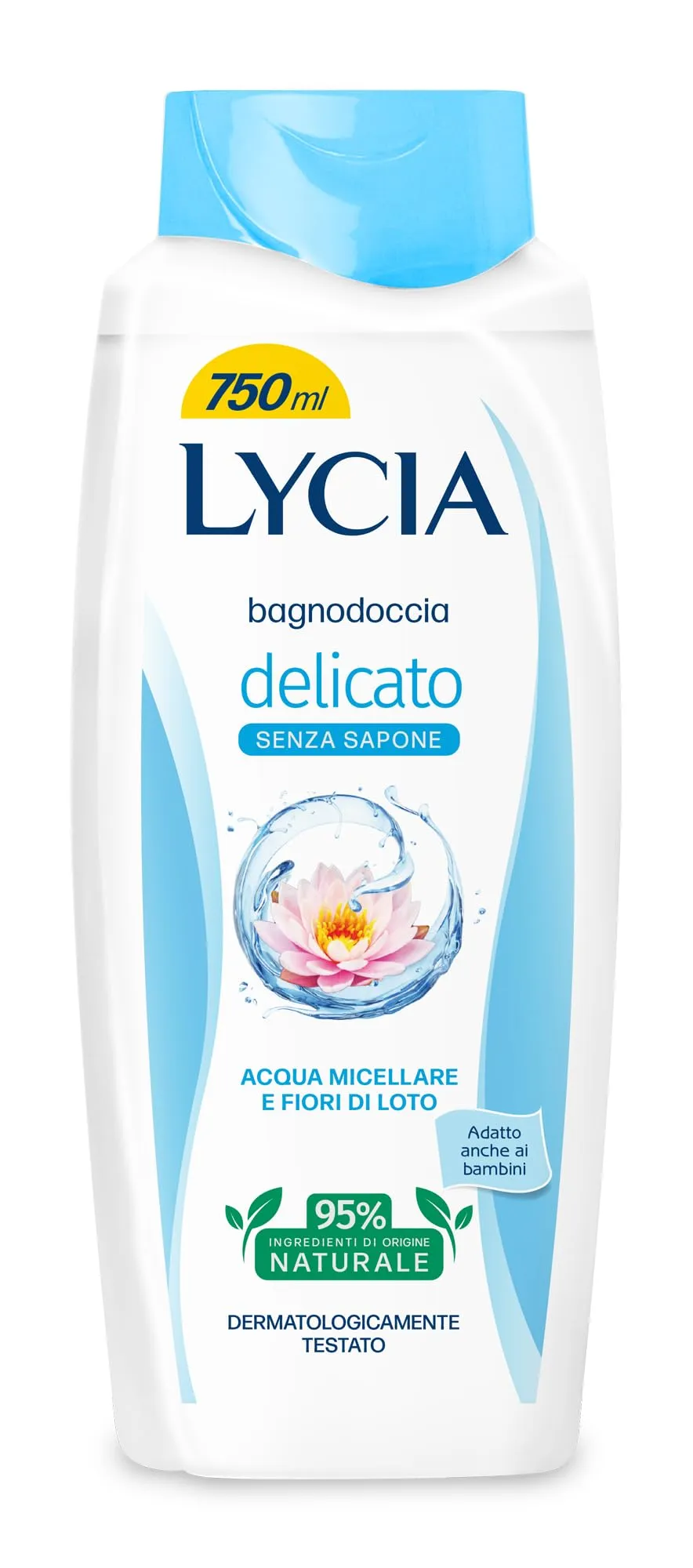 Lycia, Bagnoschiuma Delicato con Acqua Micellare e Fiore di Loto, Riduce la Sensazione di Secchezza, Deterge e Purifica Delicatamente, Adatto a Pelli Sensibili e ai Bambini, 750 ml