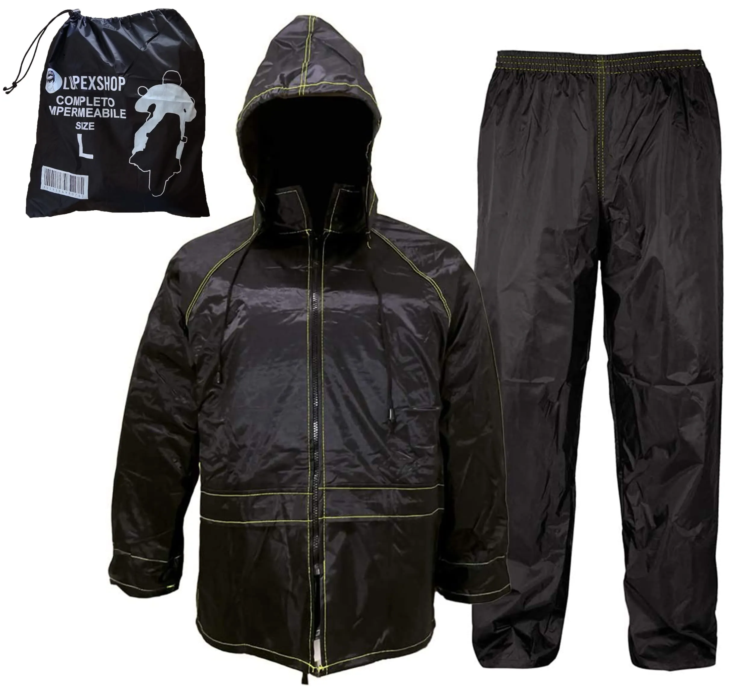 Auto Accessori Lupex - Tuta Moto Impermeabile Antipioggia Antivento, taglia 2XL, con borsa, colore nero, set di giacca e pantalone da pioggia con cappuccio a scomparsa, Unisex