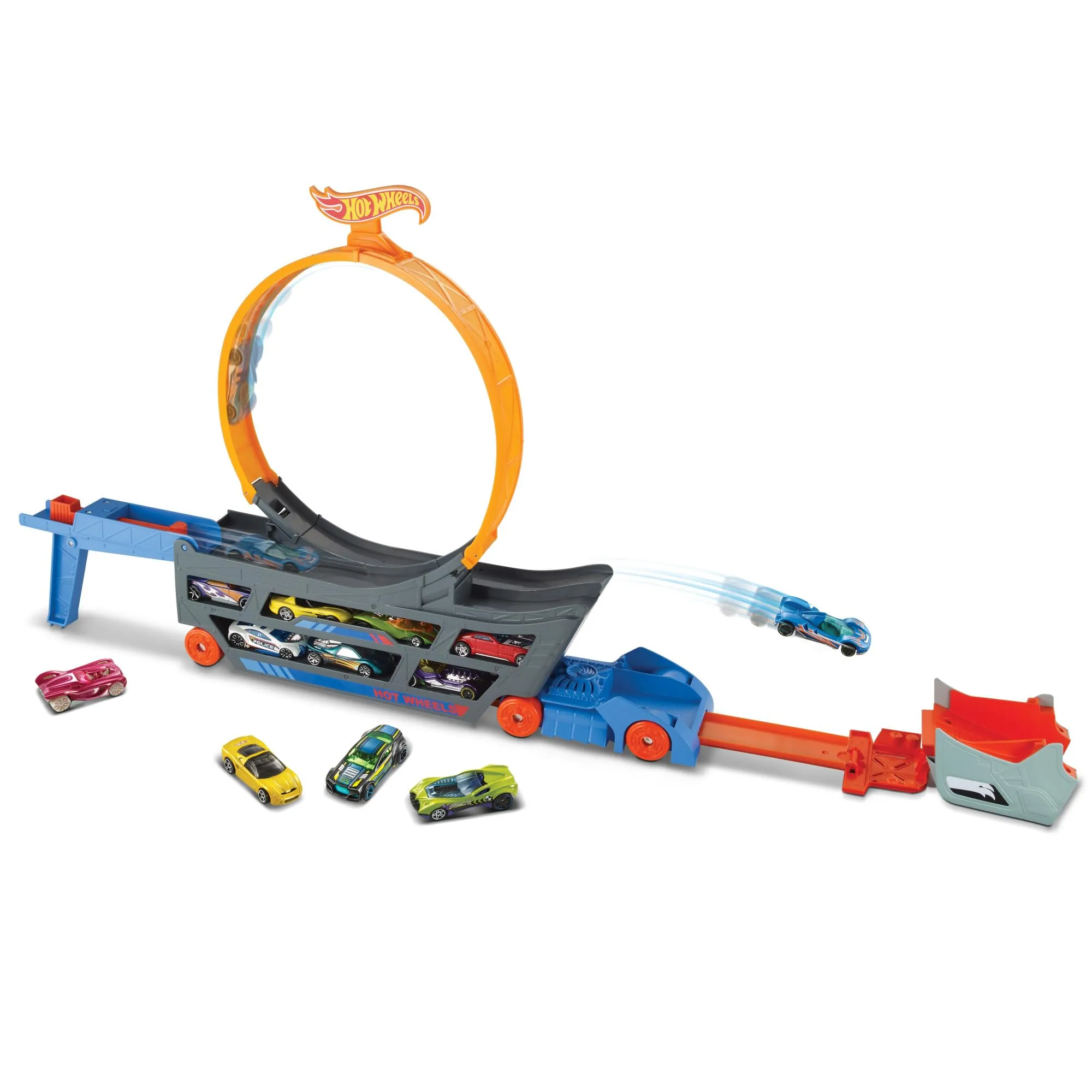 Hot Wheels playset trasportatore portatile con mega loop, lanciatore pieghevole e spazio per 18 veicoli die-cast in scala 1:16, dai 3 anni in su, GCK38