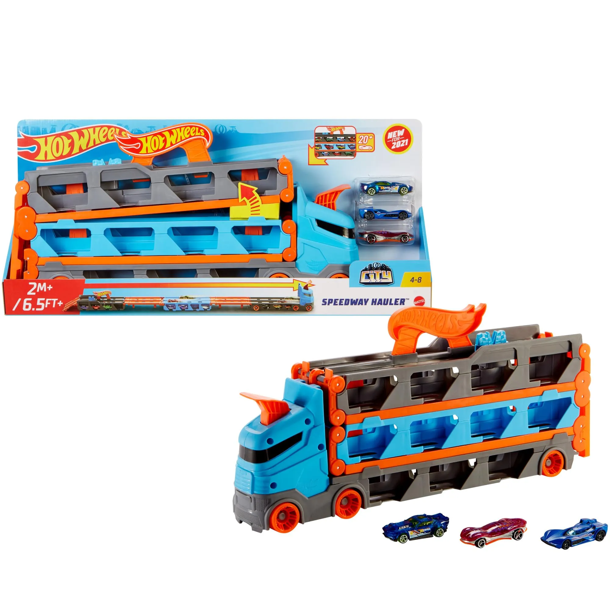 Hot Wheels Speedway Hauler e 3 auto giocattolo in scala 1:64