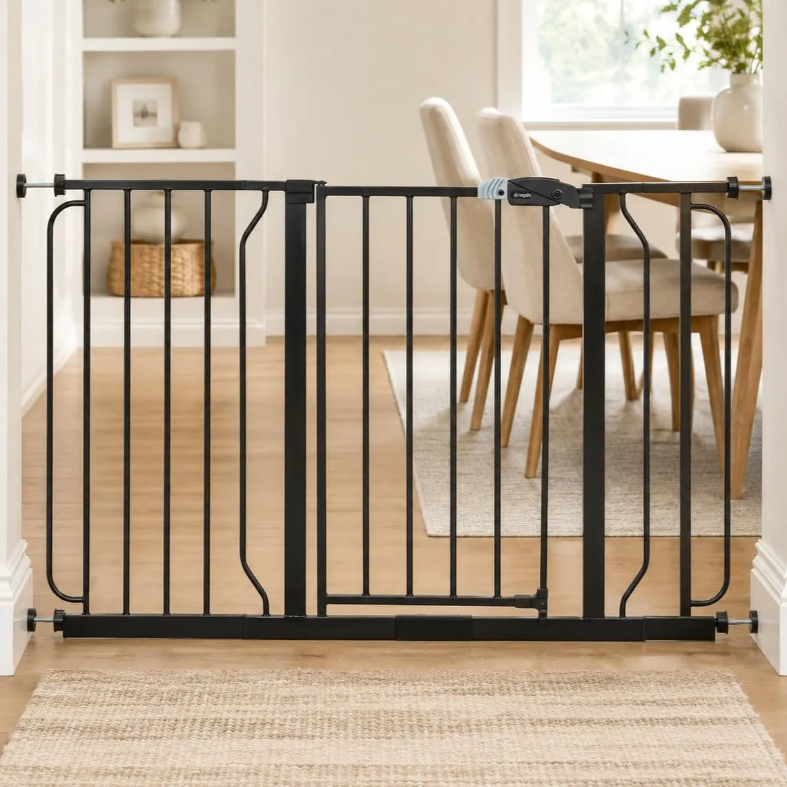 Regalo Safety Extra Wide Baby Gate for Doorways & Bottom of Stairs, Fits Openings 73.6-122cm (Extensions Included) Pressure Mounted for Babies, Toddlers & Pets, Black