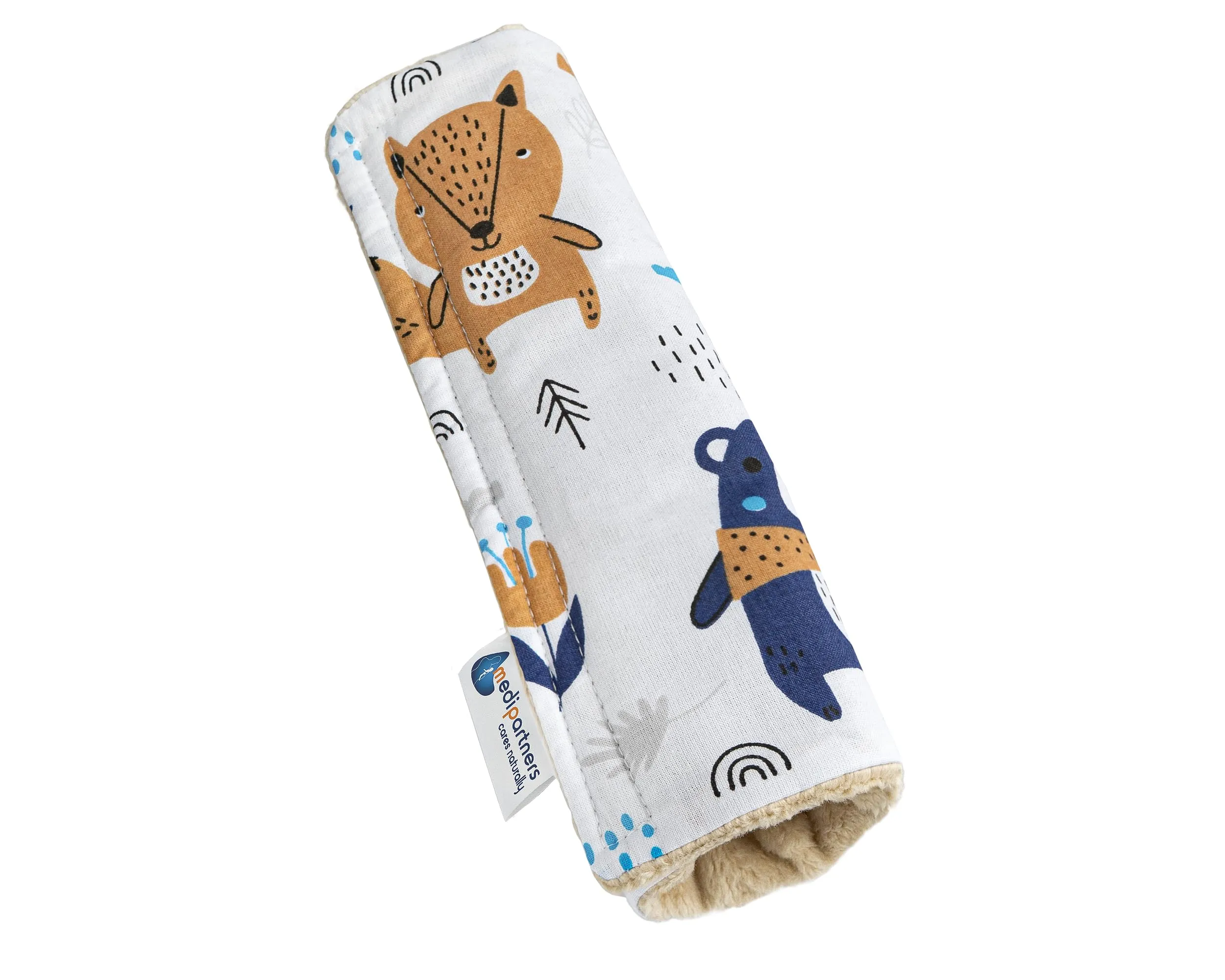 Medi Partners Copri Cintura di Sicurezza Auto Copricintura Bambini Car Cuscino 17x22cm 100% Cotone Minky Cinture Kids Copri Seggiolino Protezione (Boho Animals con beige Minky)