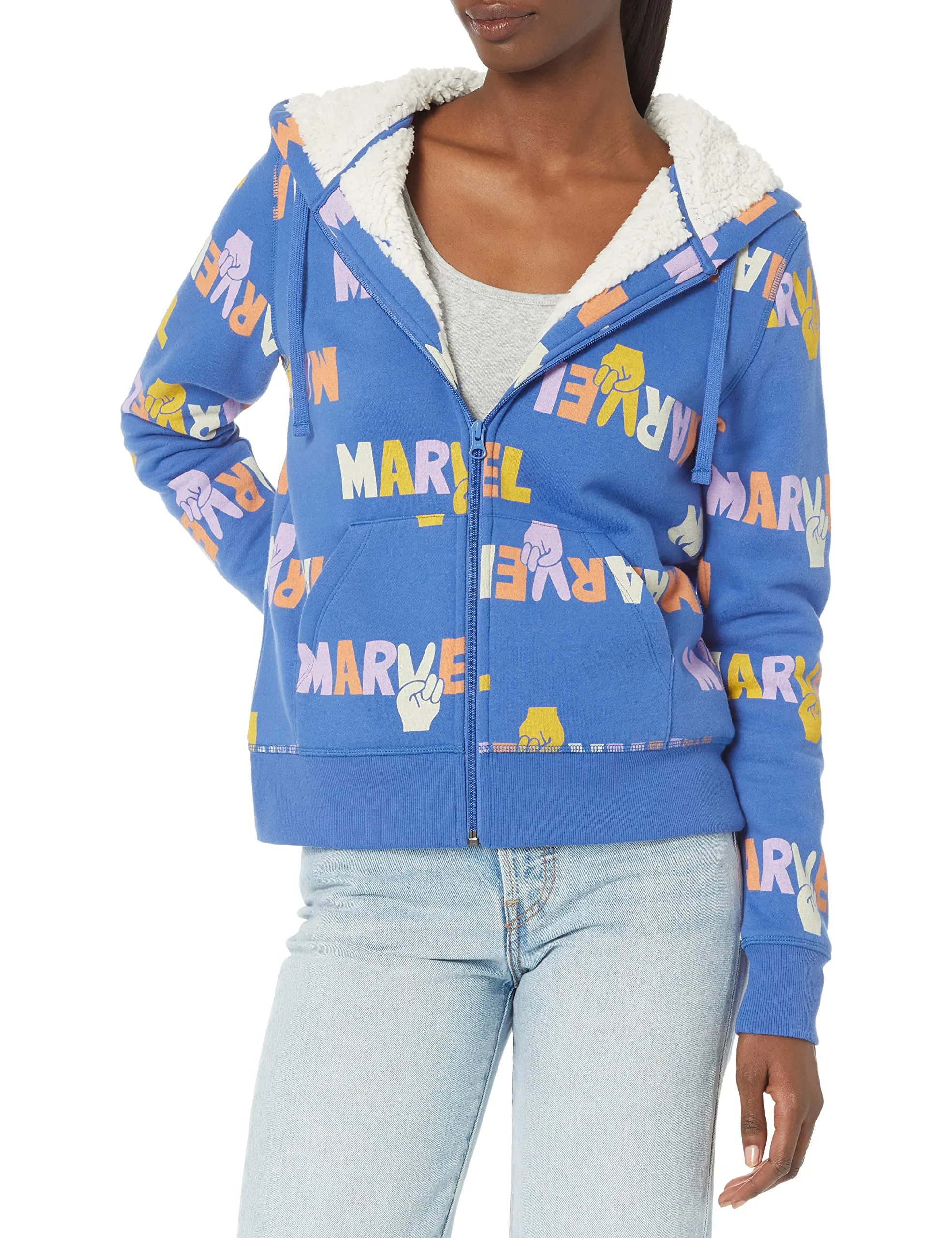 Amazon Essentials Disney | Marvel | Star Wars | Princess Felpe con Cappuccio con Cerniera Intera Foderate in Pile Donna, Marvel Multi Peace, XS