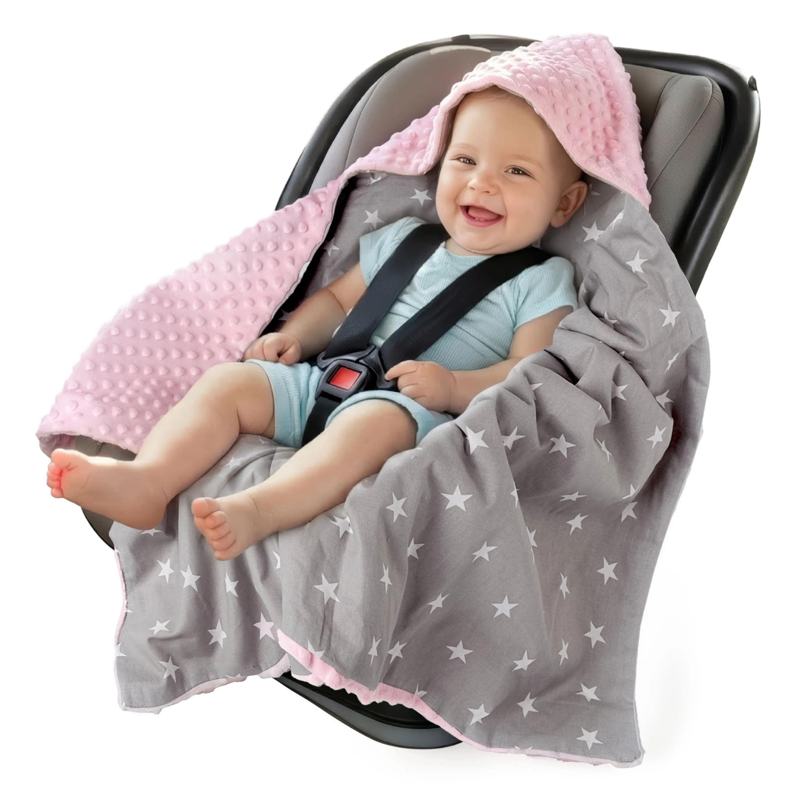 Medi Partners Coperta neonato ovetto Sacco per Passeggino - 100% Cotone universale Blanket 85x85cm fodera protettiva Morbida e Accogliente Passeggini Marsupio (Stelle bianche con rosa chiaro Minky)