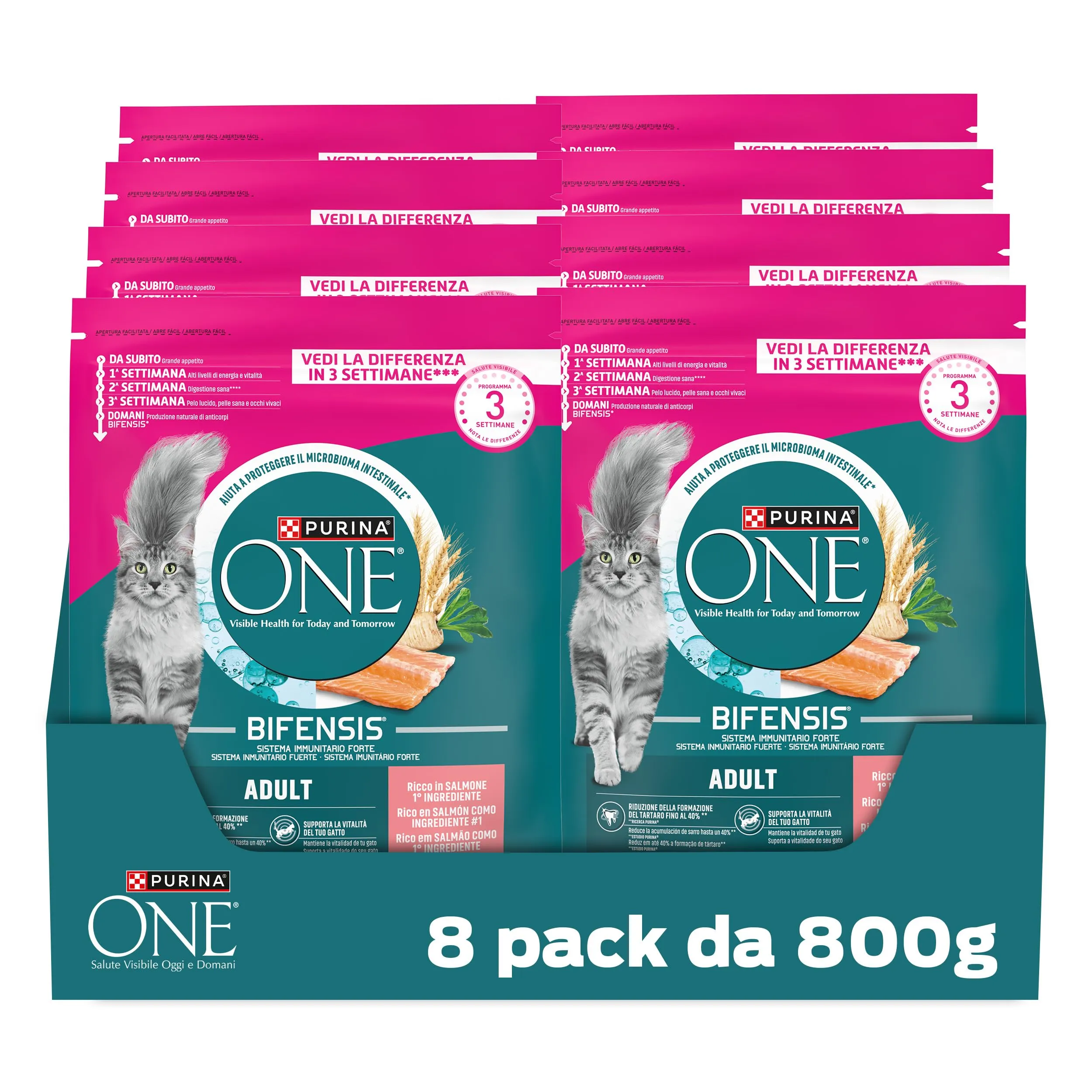 PURINA ONE Bifensis Crocchette per Gatti Adulti con Salmone e Cereali Integrali 8 Sacchi da 800g