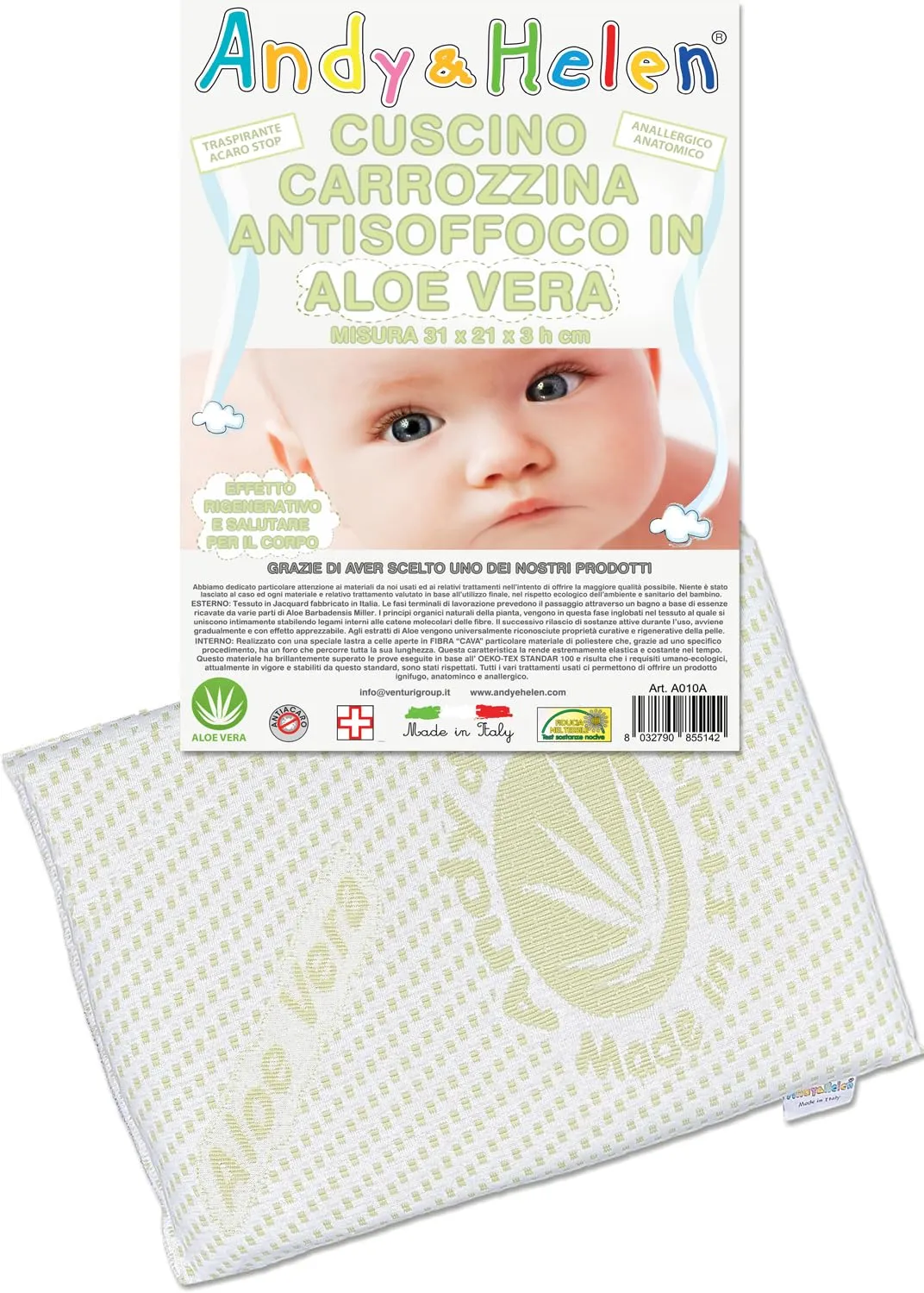 ANDY & HELEN Cuscino Culla/Carrozzina Antisoffoco con fodera in Aloe Vera. Misure: 31x21x3 cm
