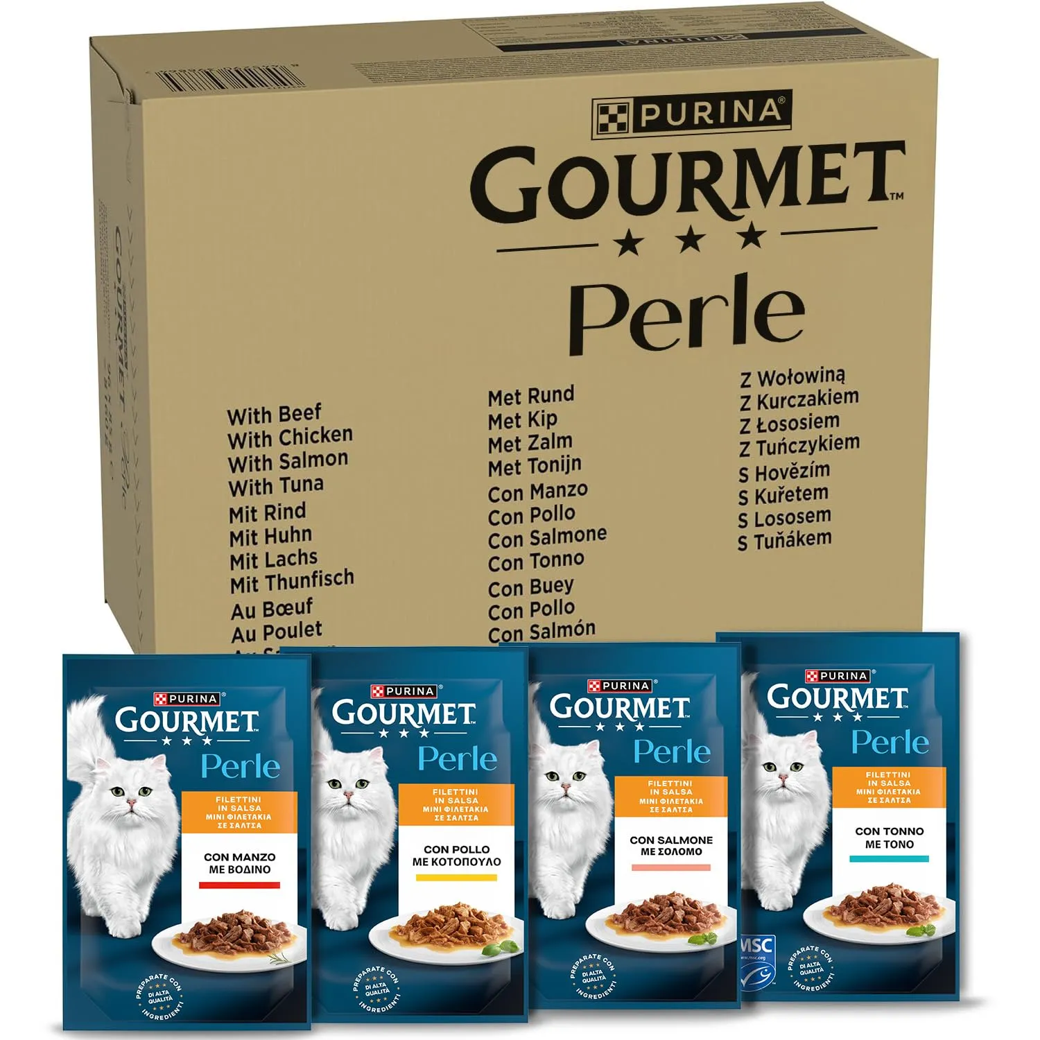 GOURMET Perle - Cibo Umido Gatto Adulto, Filettini in Salsa con Manzo, Pollo, Salmone, Tonno. 96 Buste da 85 g