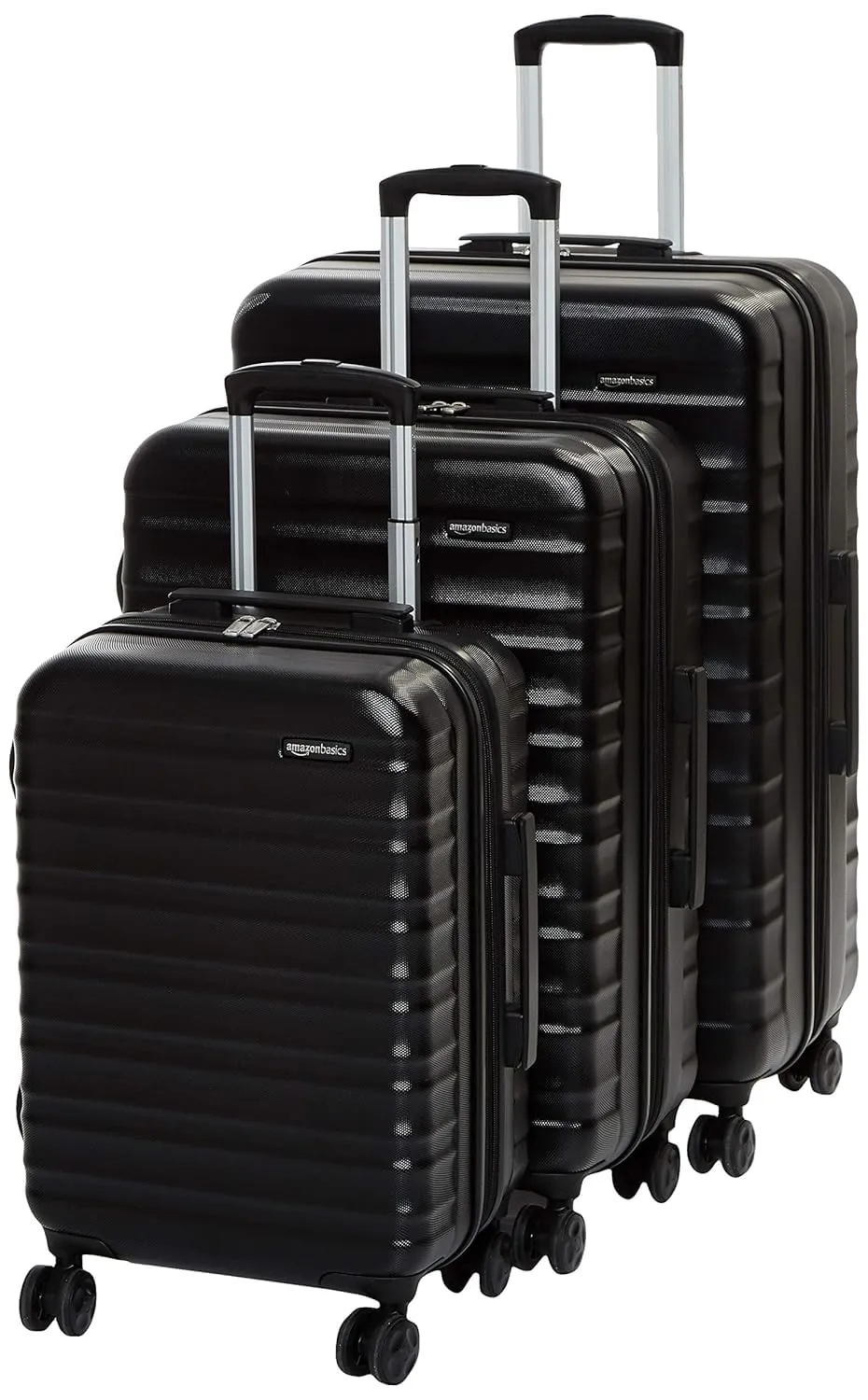Amazon Basics Set Valigie Rigide (Piccola + Media + Grande) - Bagagli Espandibili ABS con 4 Ruote Doppie Girevoli - Resistenti ai Graffi e Leggeri - Nero