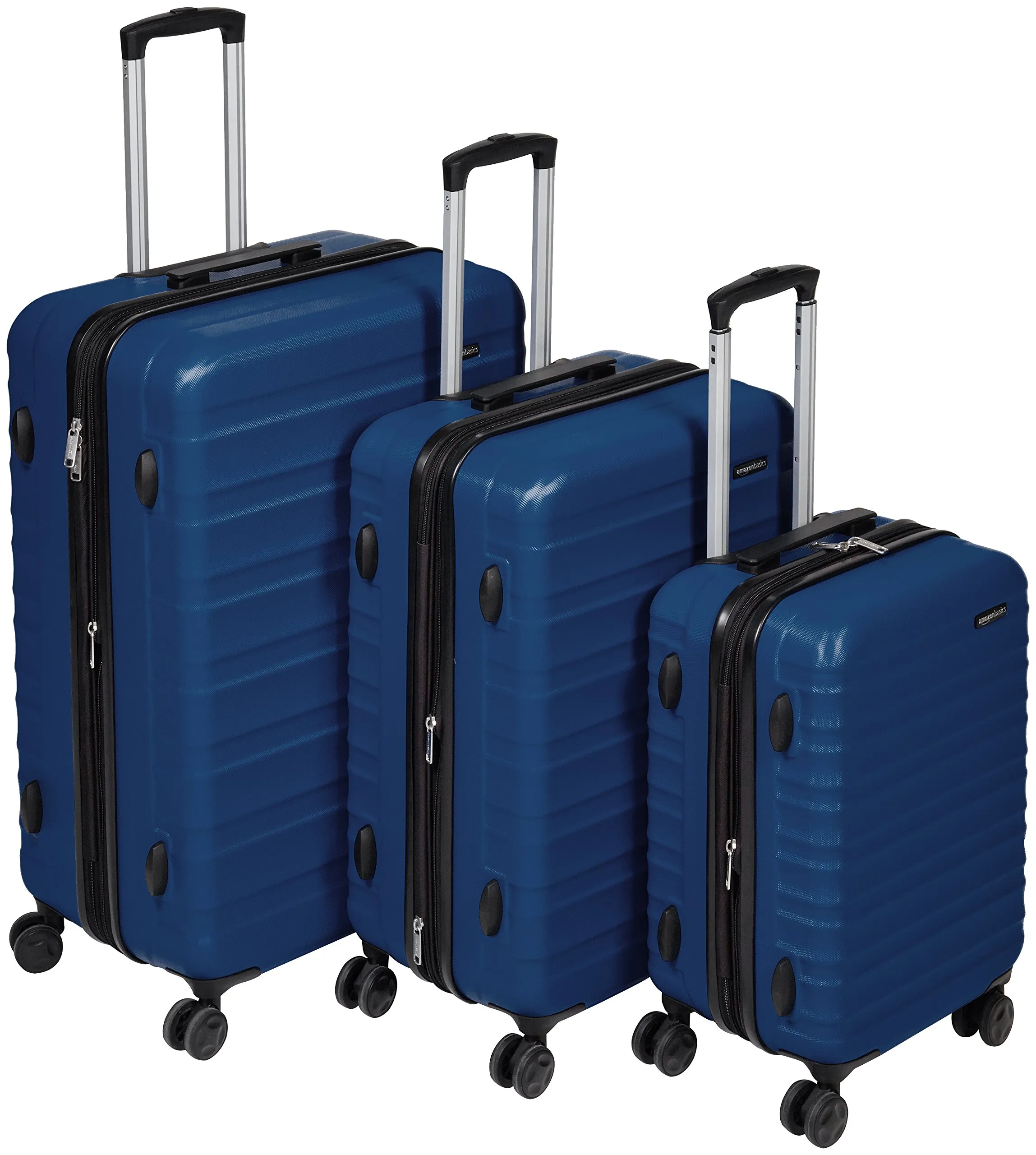 Amazon Basics Set Valigie Rigide (Piccola + Media + Grande) - Bagagli Espandibili ABS con 4 Ruote Doppie Girevoli - Resistenti ai Graffi e Leggeri - Blu Navy