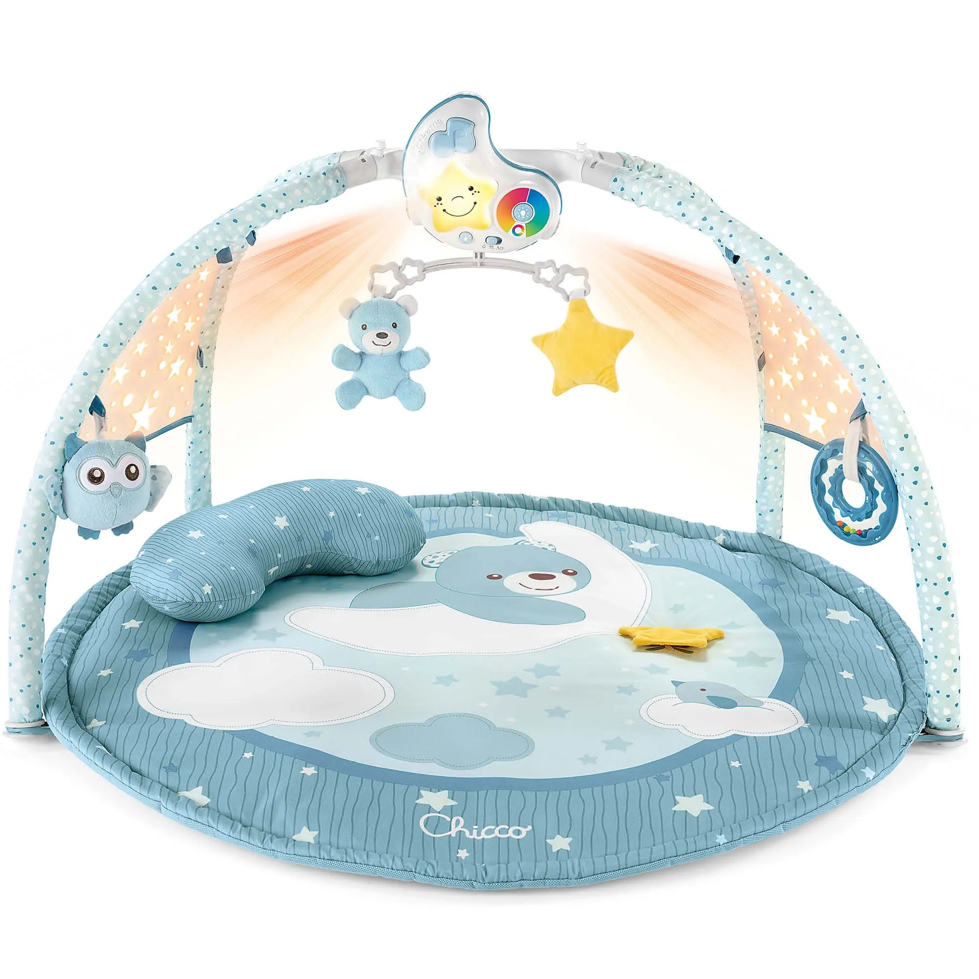 Chicco Palestrina dei Colori 3in1, Colore Azzurro, Palestrina Neonato Multifunzione Elettronica con Tappeto, Proiettore Stelle, Luce Notturna Removibile e Melodie Rilassanti, Giochi Neonato 0+ Mesi