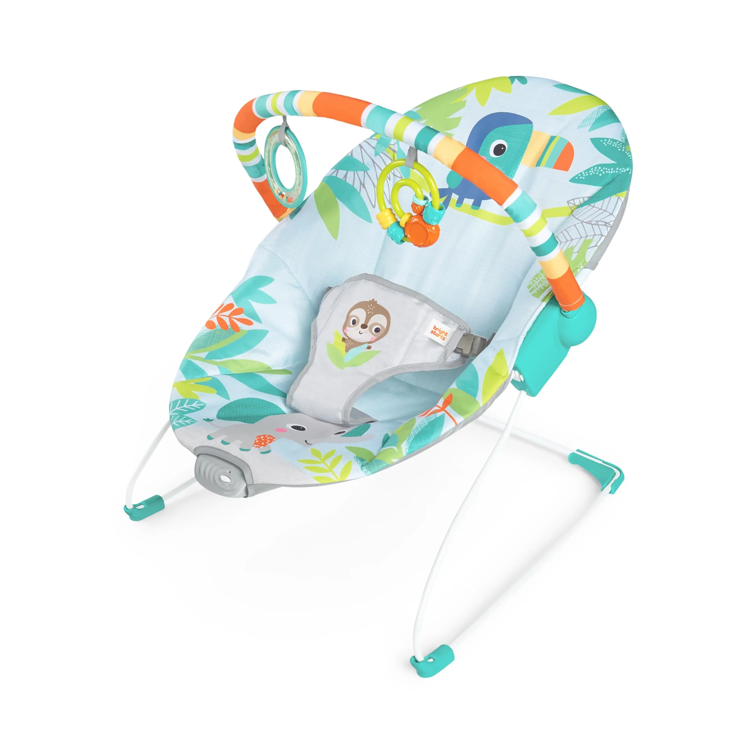 Bright Starts Seggiolino Vibrante Rilassante per Neonati - Barra Giocattoli Rimovibile, Piedini Antiscivolo, 0-6 Mesi Fino a 9 kg (Rainforest Vibes)