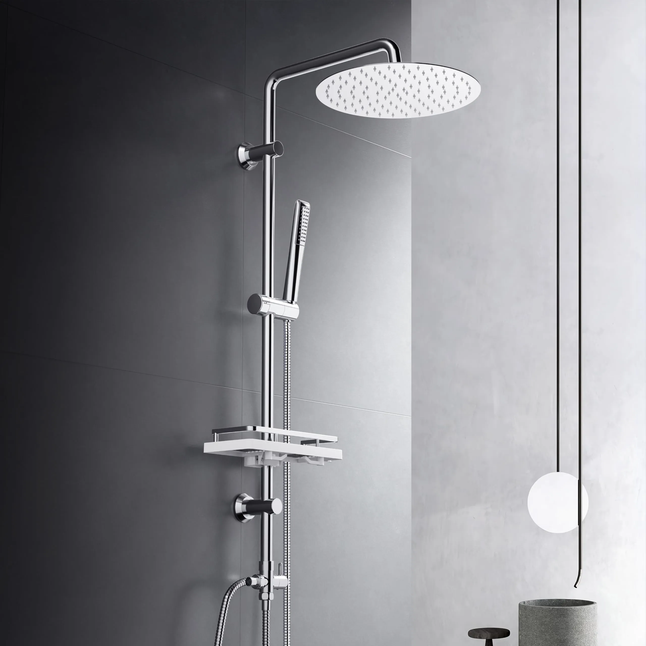 Görbach Colonna Doccia Acciaio Inox senza Miscelatore, Colonna Doccia idromassaggio con Asta Doccia Regolabili e Mensola, Set Doccia a Pioggia con Soffione 25 cm Cromo