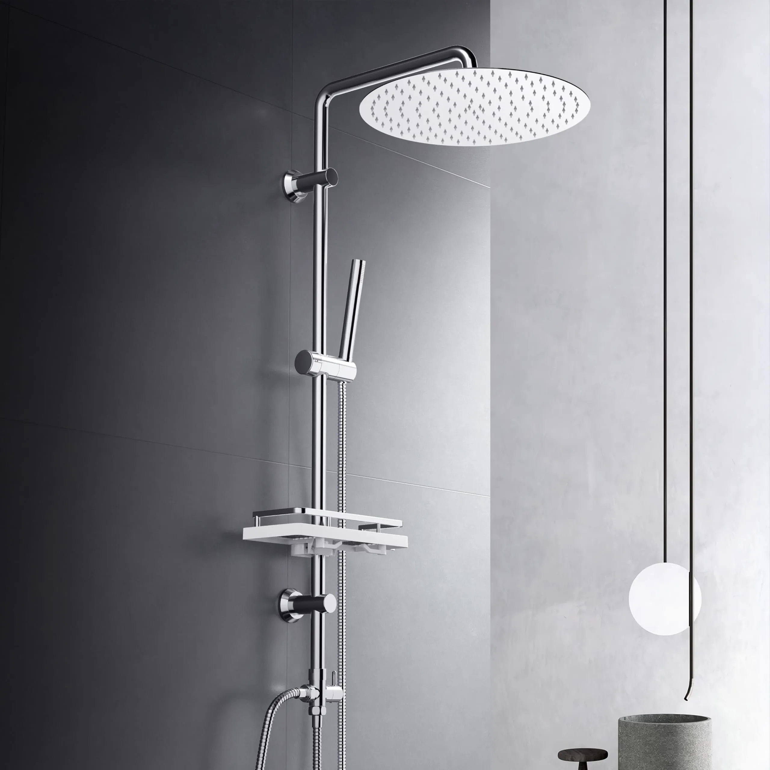Görbach Colonna Doccia Acciaio Inox senza Miscelatore, Colonna Doccia idromassaggio con Asta Doccia Regolabili e Mensola, Set Doccia a Pioggia con Soffione 30 cm Cromo