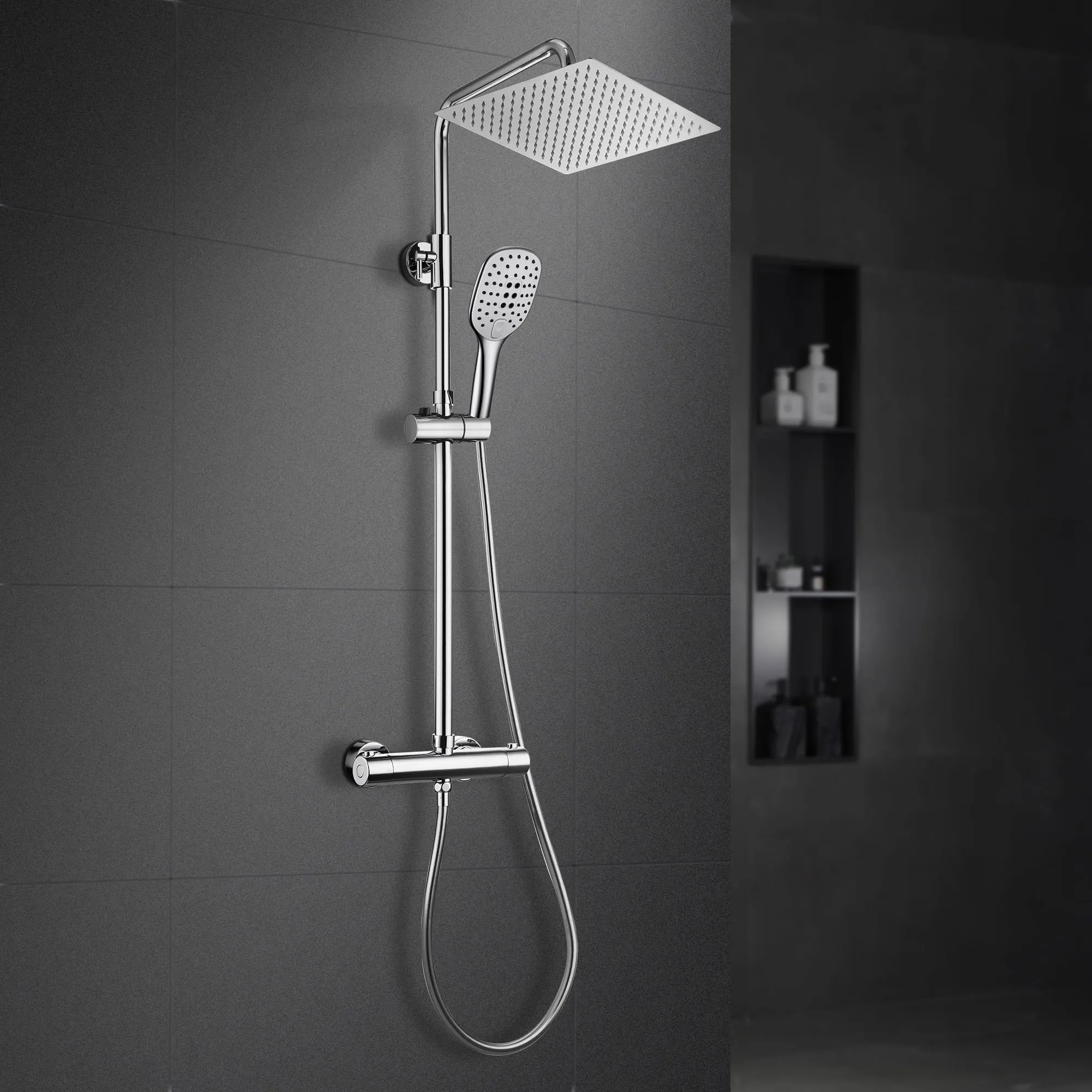 Görbach Colonna Doccia Acciaio Inox con Miscelatore, Colonna Doccia Rubinetto con Asta Doccia Regolabili e Termostatico, Set Doccia a Pioggia con Soffione 25×25 cm Cromo