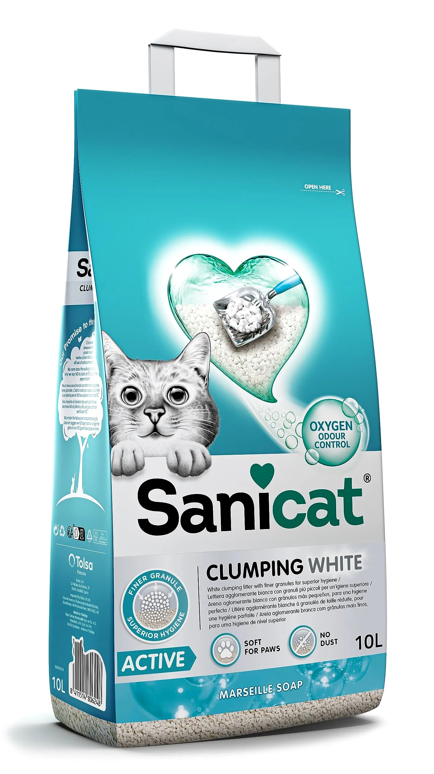 Sanicat - Lettiera per gatti agglomerante bianca al Sapone di Marsiglia | A base di minerali naturali per garantire il controllo dei cattivi odori | Assorbe l'umidità | 10 L