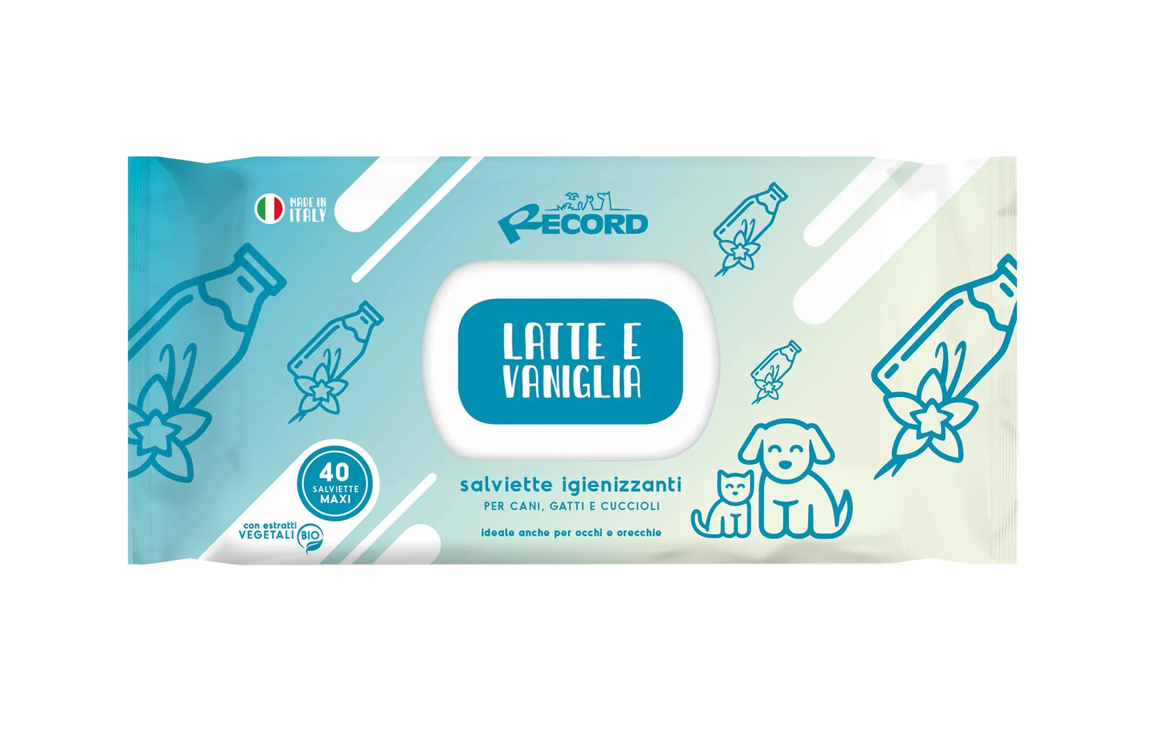 Record salviette igienizzanti umide per Cani e Gatti. Salviette Cane salviette Gatto. Confezione 40 Pezzi. Salviettine per Animali per Pelo, Zampe Muso ed Occhi. Rispettano Cute e PH Latte e Vaniglia