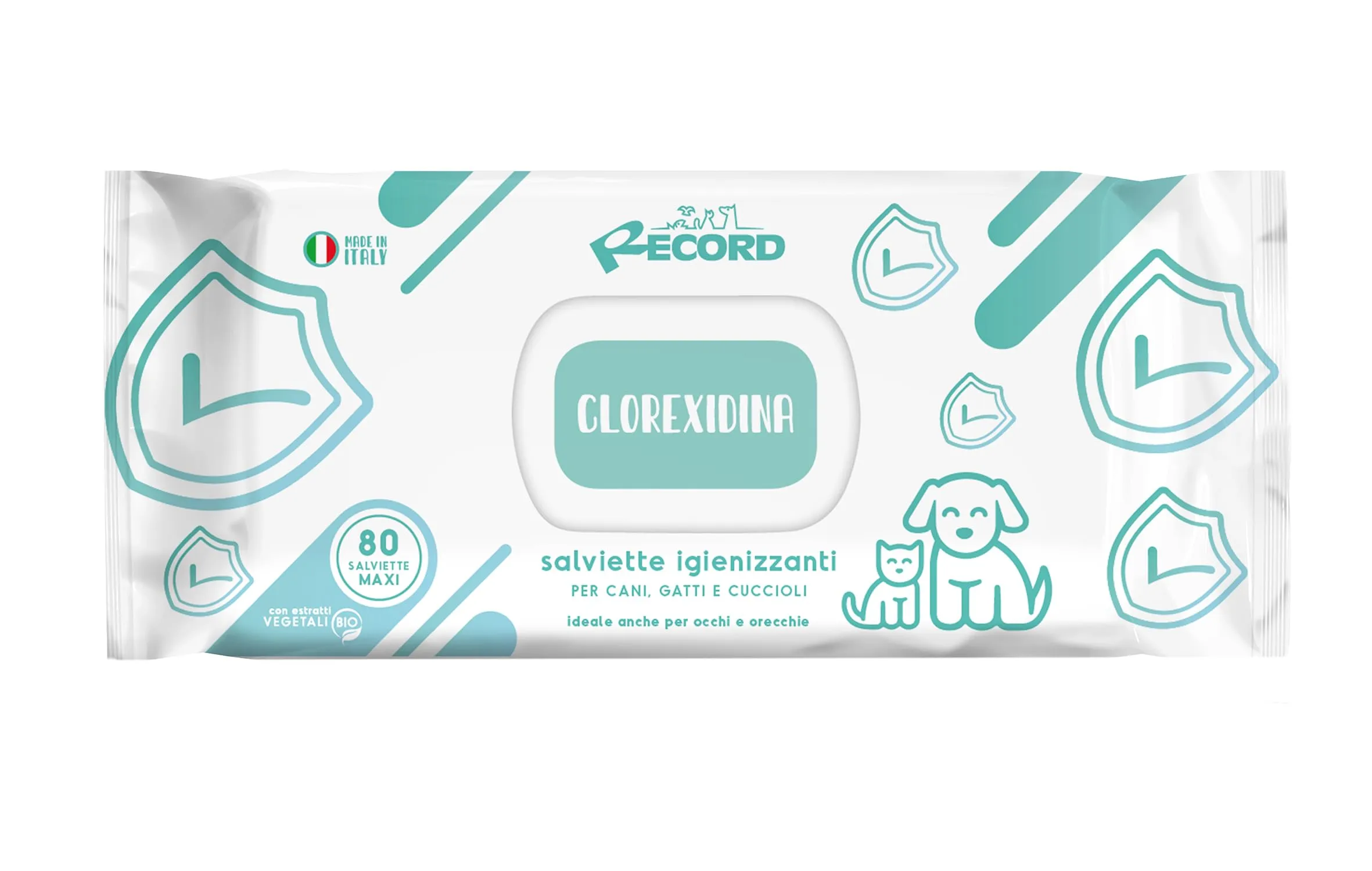 Record salviette igienizzanti umide per cani e gatti. Salviette cane salviette gatto. Confezione 80 pezzi. Salviettine per animali per pelo zampe muso ed occhi. Rispettano cute e pH. Aroma Clorexidina