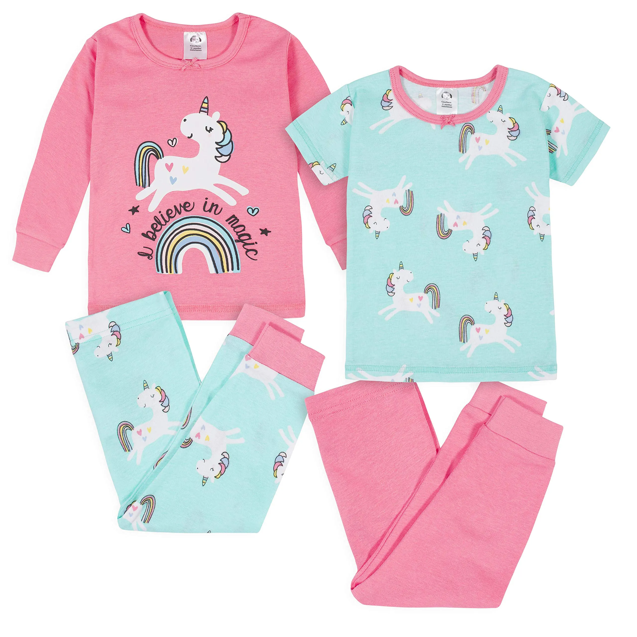 Gerber Set pigiama da 4 pezzi per bambina, Unicorno Magic Pink, 4 anni