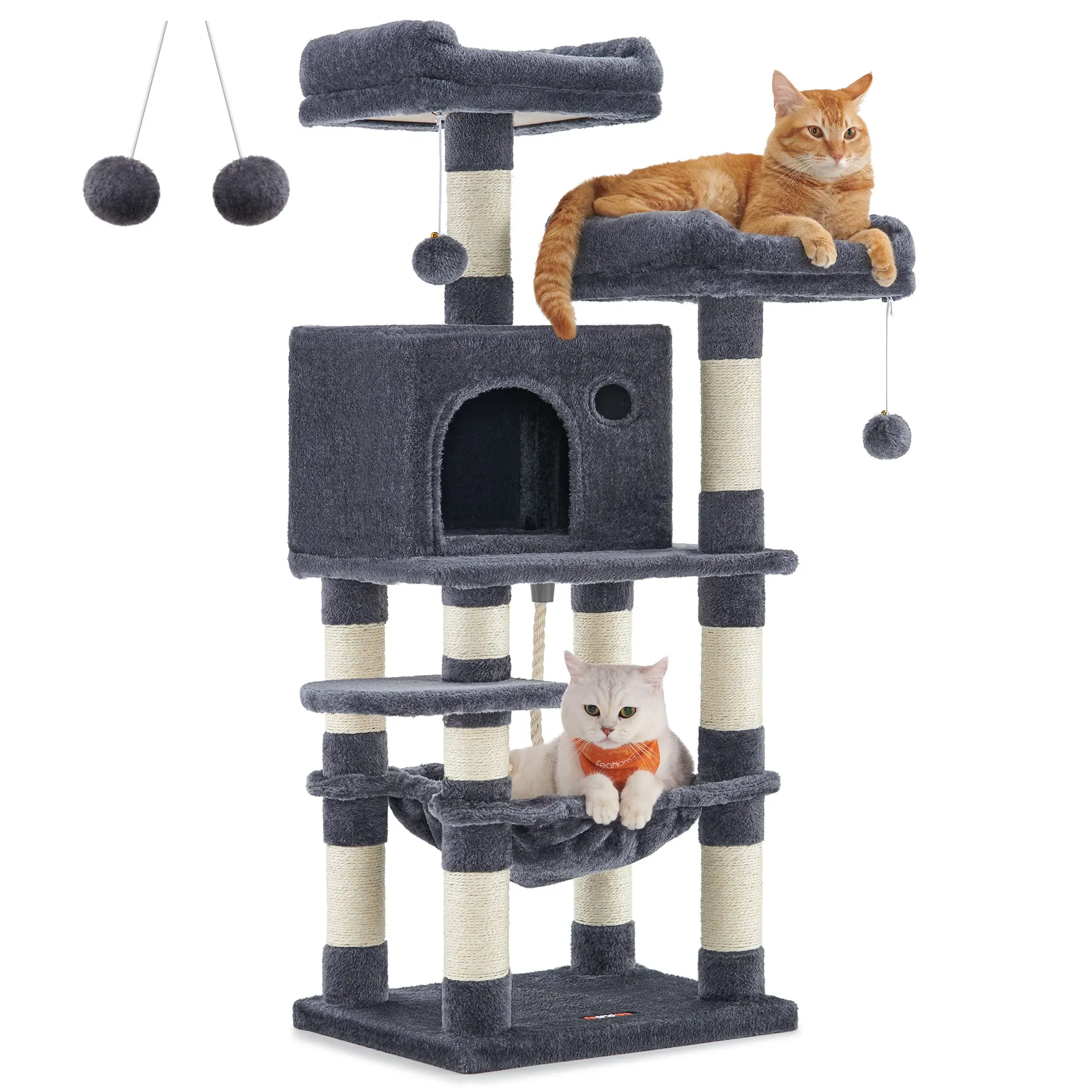 Feandrea Albero per Gatti Alto 112 cm, Tiragraffi per Gatti, con 11 Pali Graffiatoi, 2 Posatoi, 1 Grotta, 1 Amaca, 2 Pompon, in Peluche a Più Livelli, Grigio Fumo PCT215G01
