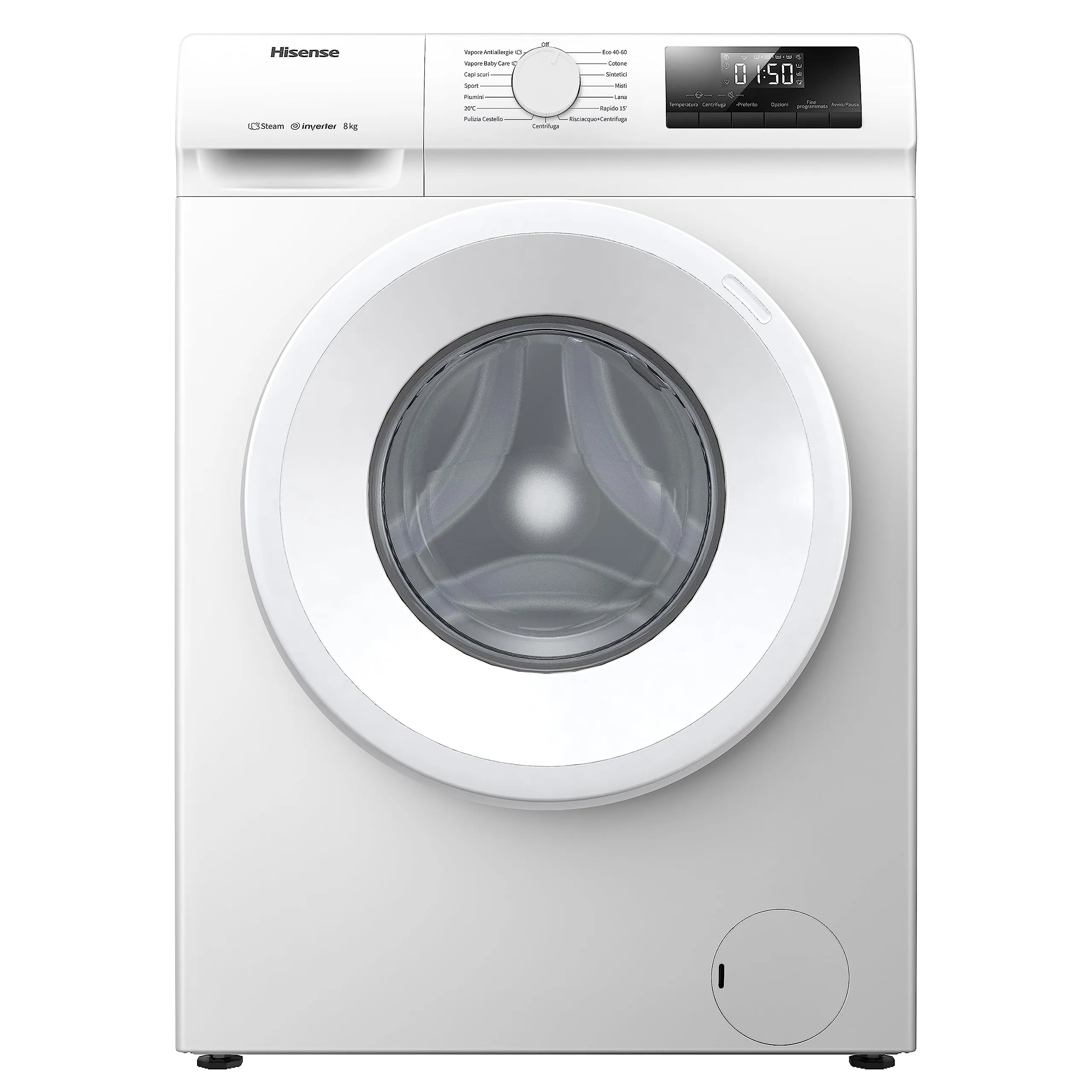 Hisense WFQP801419VM - Lavatrice a Carica Frontale 8 Kg con Vapore, 15 Programmi, Display LED, Partenza Ritardata, Child Lock, Certificazione Sostenibilità