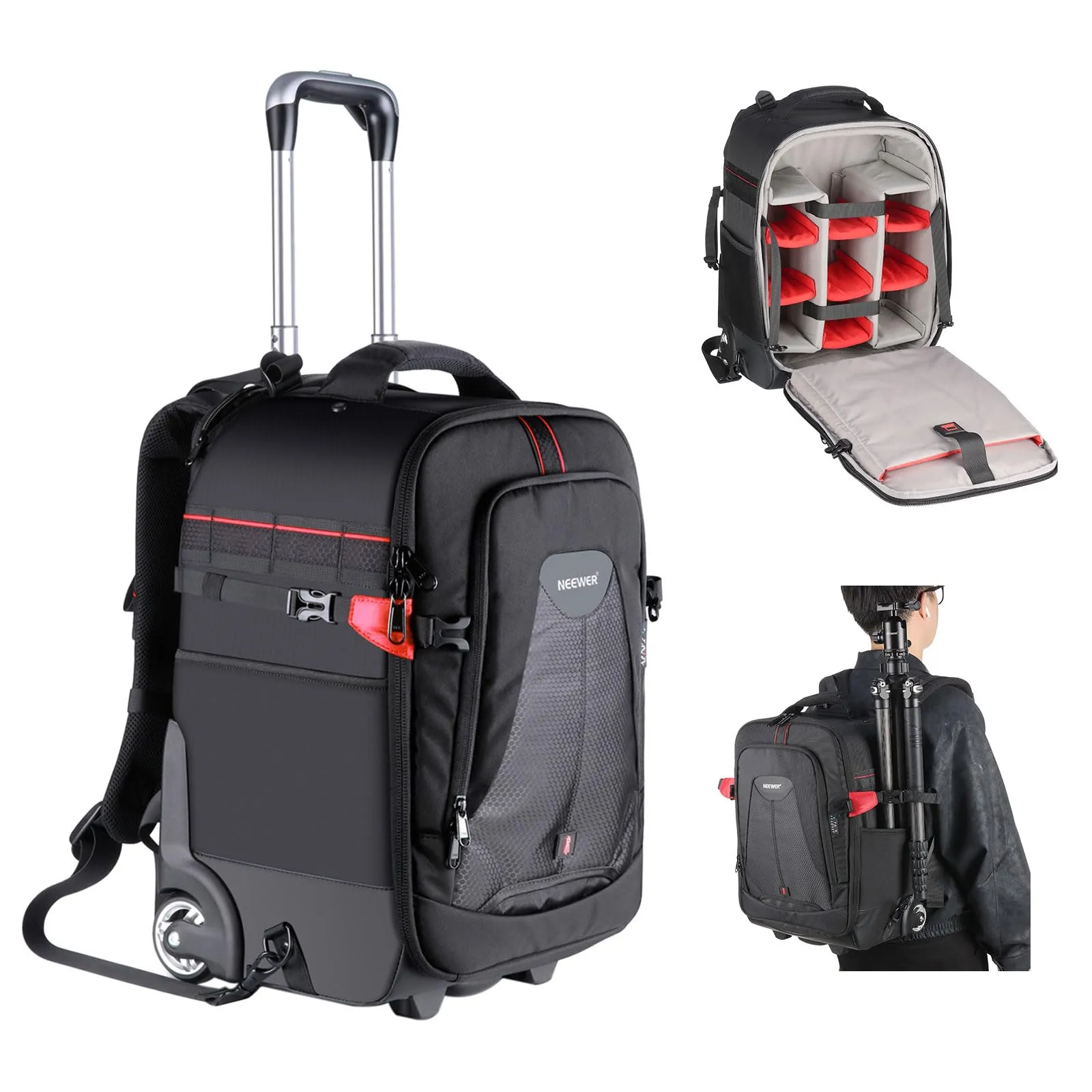 Neewer Zaino 2-in-1 per Fotocamera, Borsa per Fotocamera con Ruote Resistente all'Acqua e Antiurto con Barra di Tiro Nascosta per Fotocamere SLR/DSLR, Treppiede, Luce Flash, Obiettivo ecc.