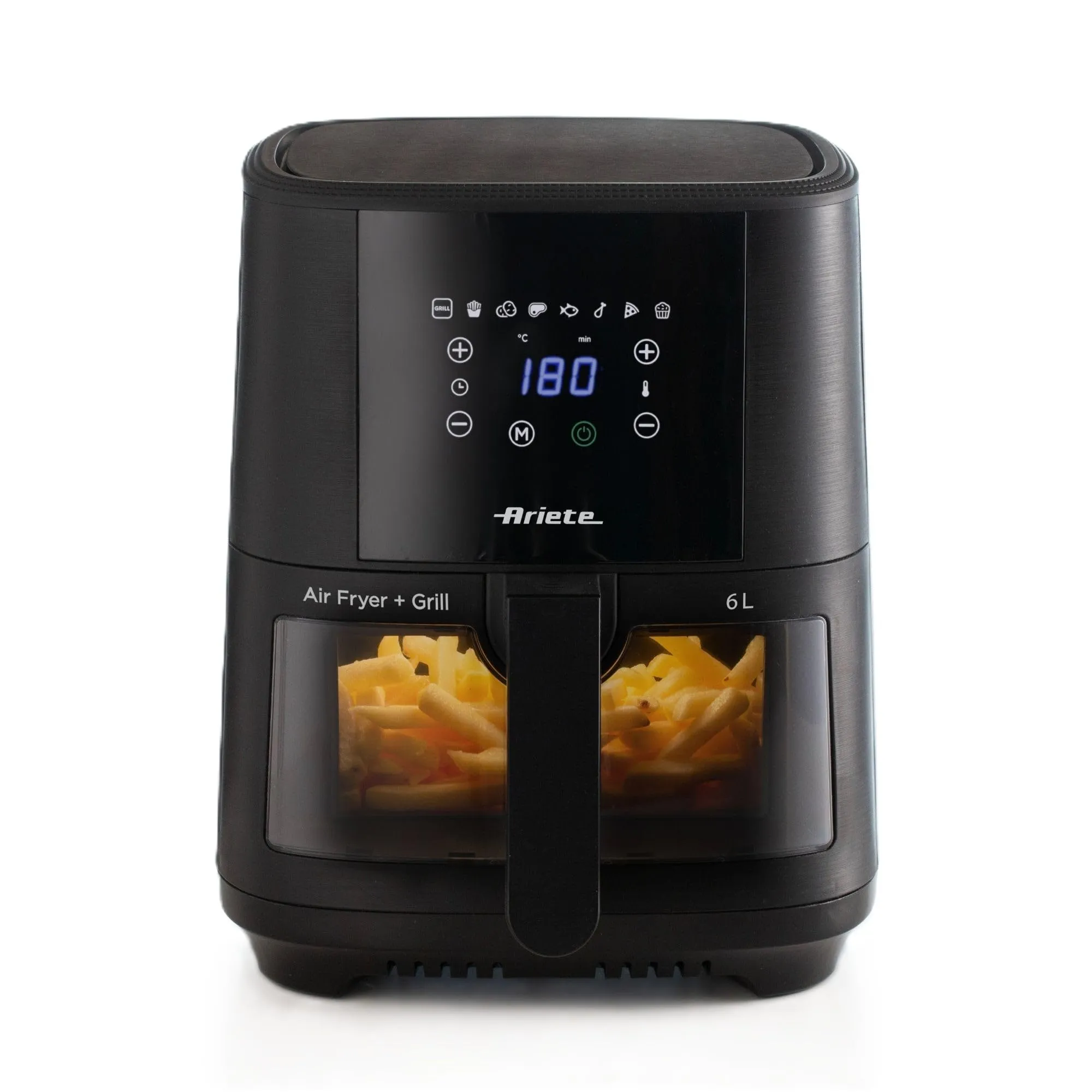 Ariete 4626 Friggitrice ad aria 6L, 1300 W, Capacità 6L, Capacità di cottura 2,5kg, 8 programmi preimpostati, Temperatura fino a 200°, Cestello trasparente, Nero