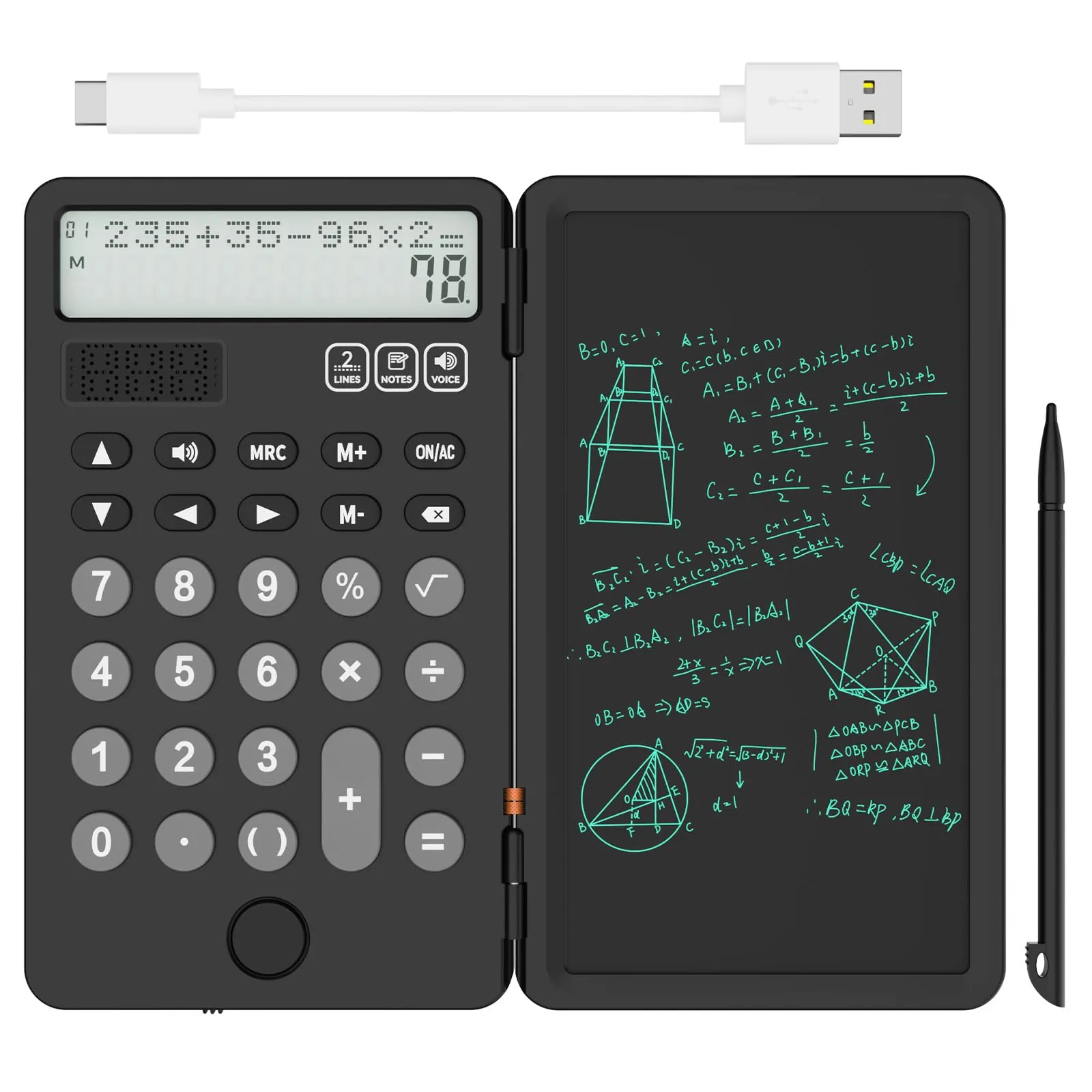 NEWYES Calcolatrice portatile con blocco note, grande display a 2 righe a 12 cifre, calcolatrice da scrivania ricaricabile ad energia solare per studenti scolastici e ufficio (nero)