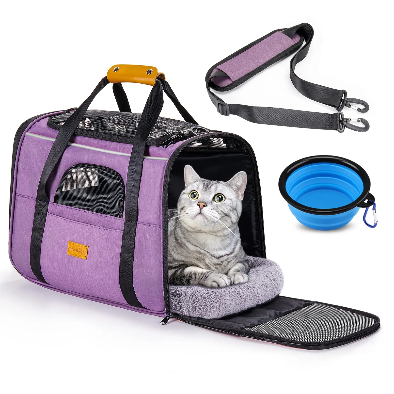 Morpilot Trasportino per gatti grandi e cuccioli fino a 7 kg, con cerniere di sicurezza, pieghevole, per il trasporto di gatti e cani, per andare al veterinario, 44x31x34cm, Viola chiaro