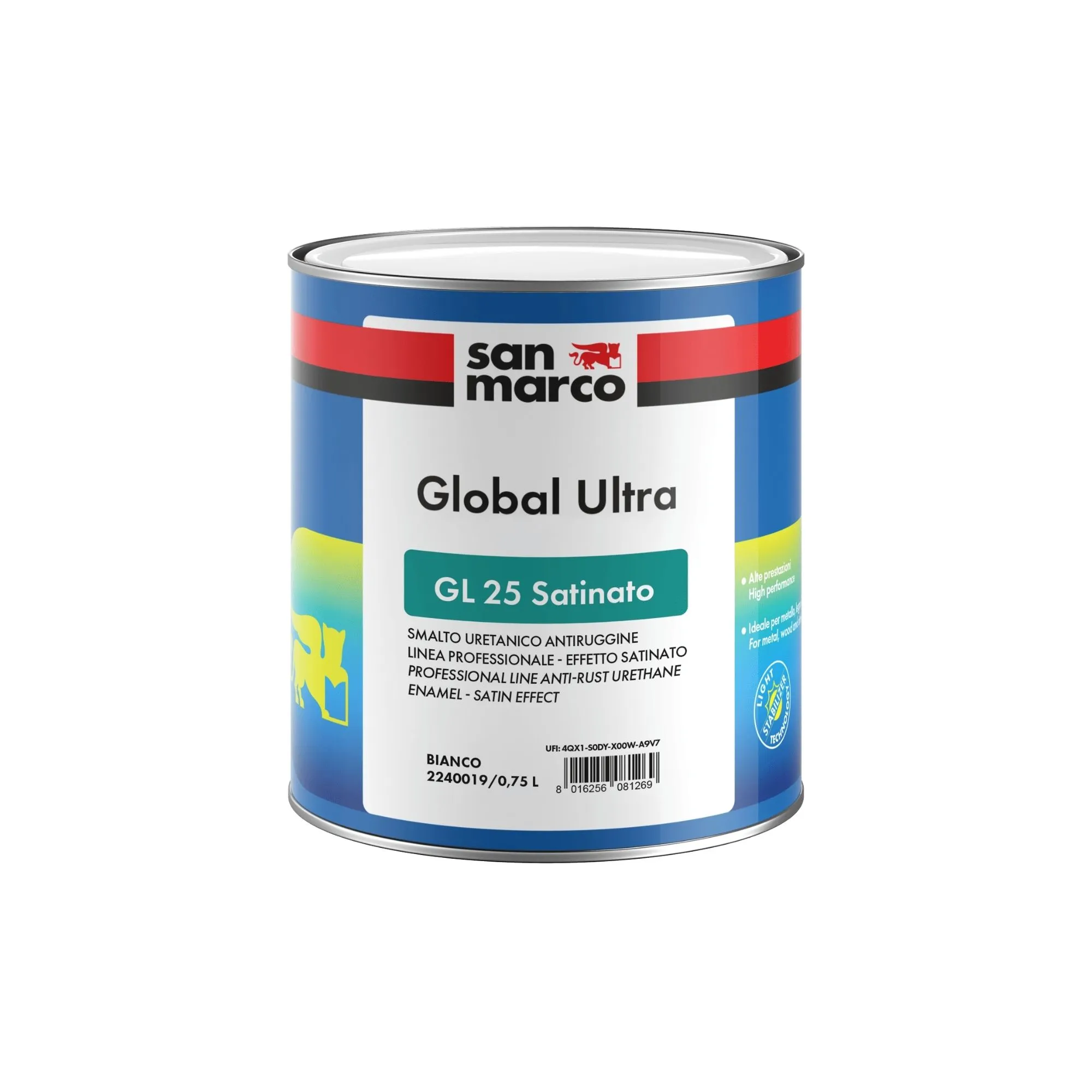 GLOBAL ULTRA GL 25 SATINATO Smalto per ferro e legno ad effetto satinato; crea una barriera protettiva, anticorrosiva e antiruggine.