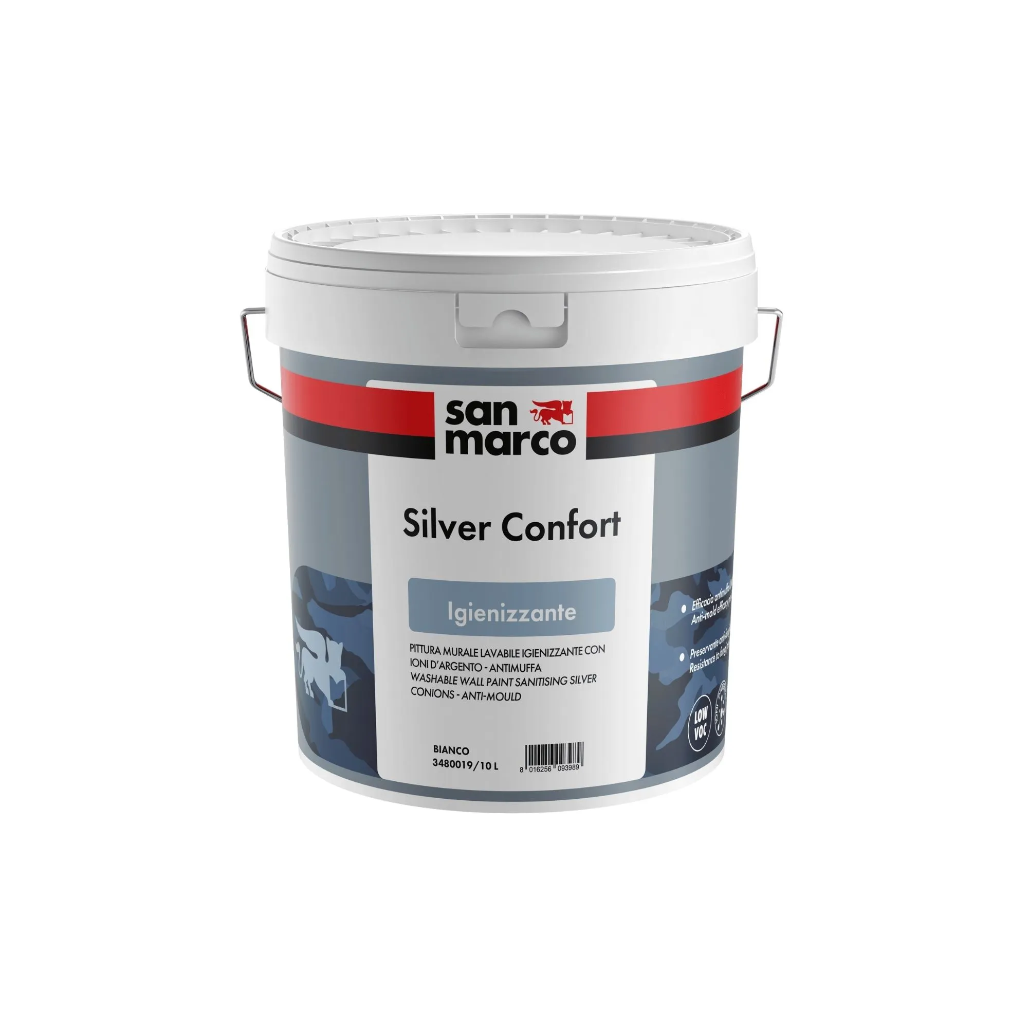 SILVERCONFORT Pittura lavabile, igienizzante e antimuffa, a base di ioni d'argento, previene la proliferazione del 99,9% dei batteri.
