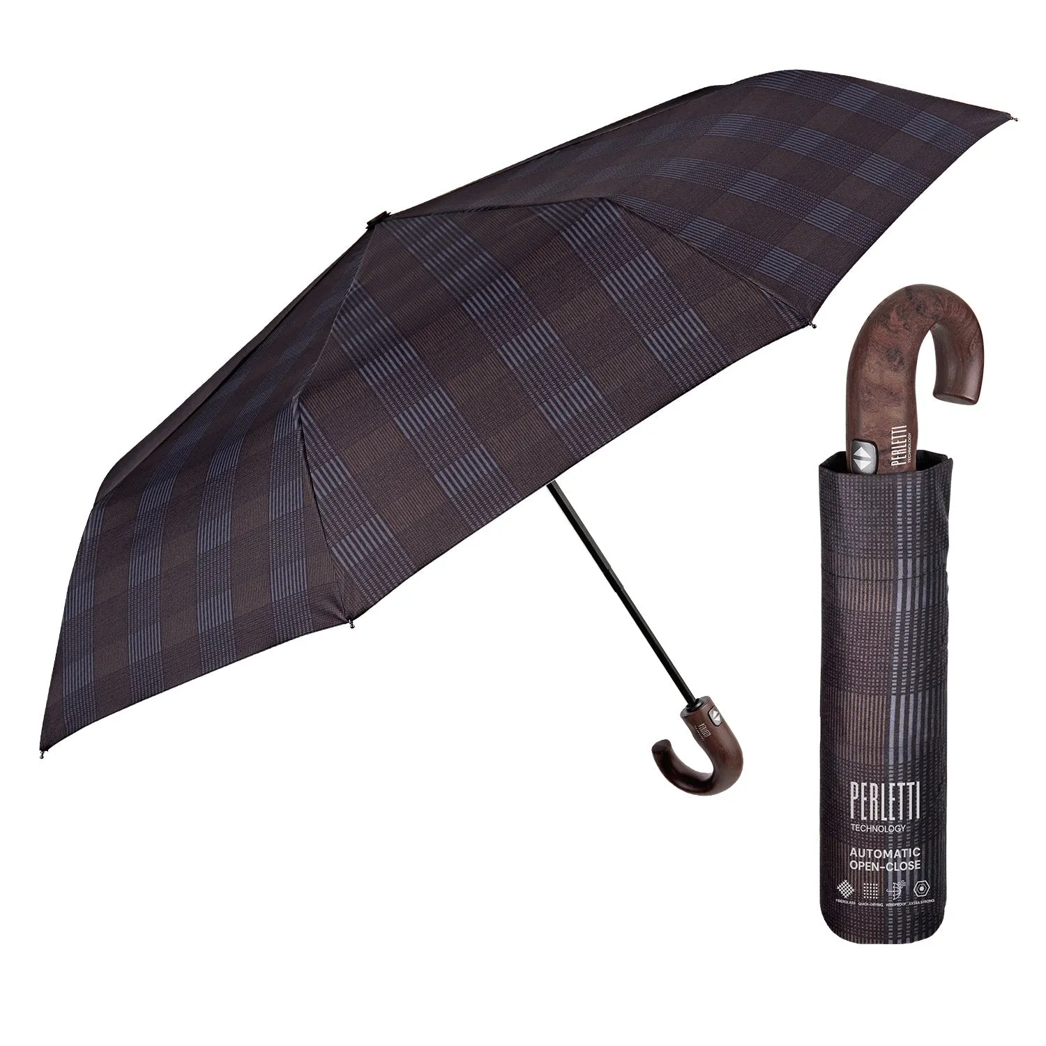 Ombrello Uomo Technology Apri e Chiudi Tartan con Manico Curvo