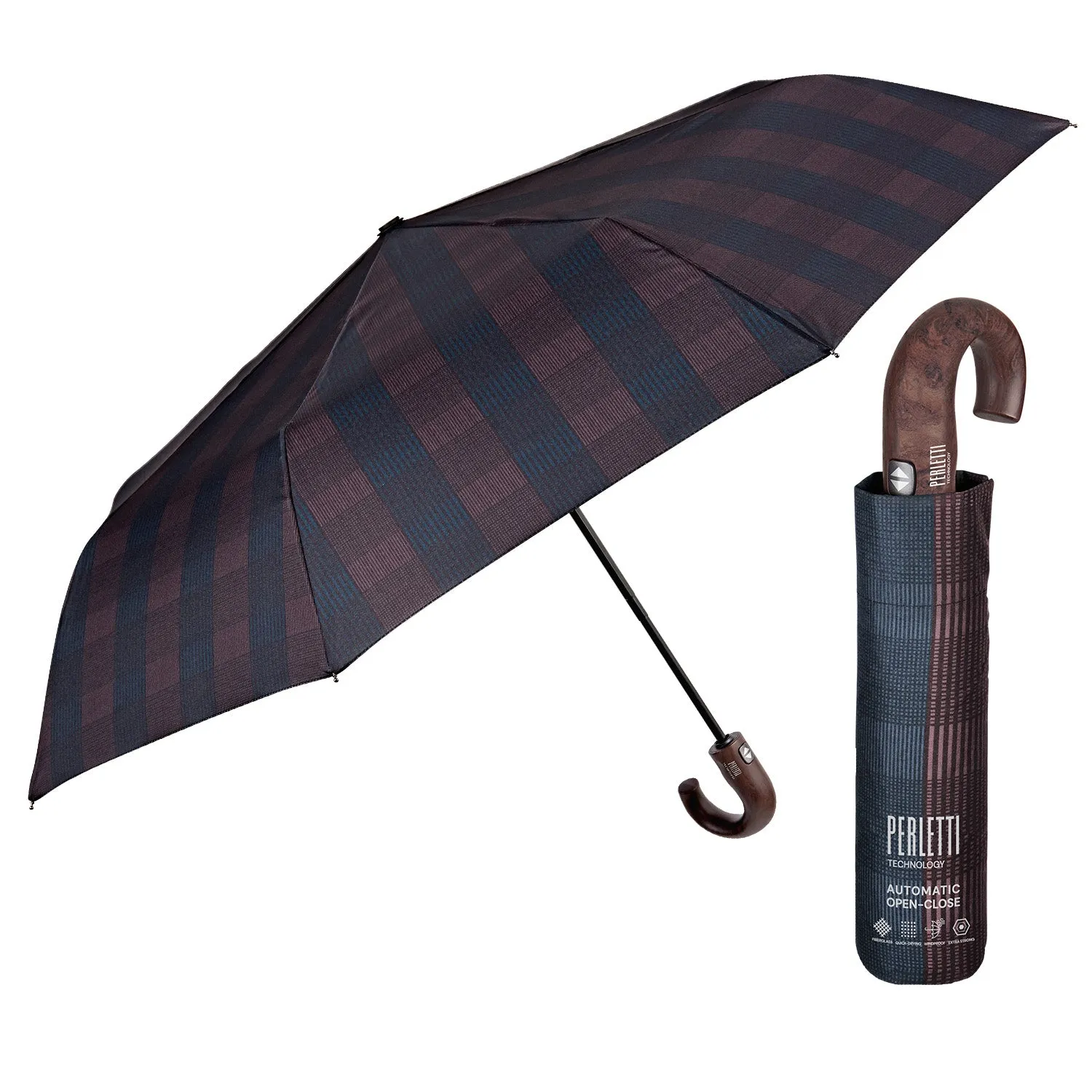 Ombrello Uomo Technology Apri e Chiudi Tartan con Manico Curvo