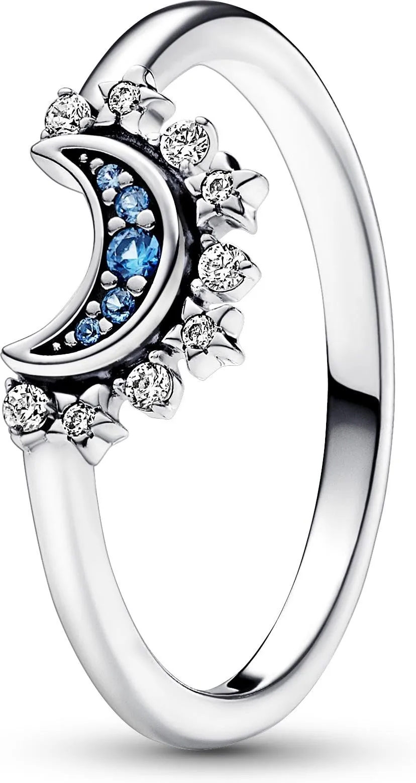 PANDORA Anello Moments con luna brillante, anello in argento Sterling con cristallo blu notte e zirconia cubica trasparente, 48