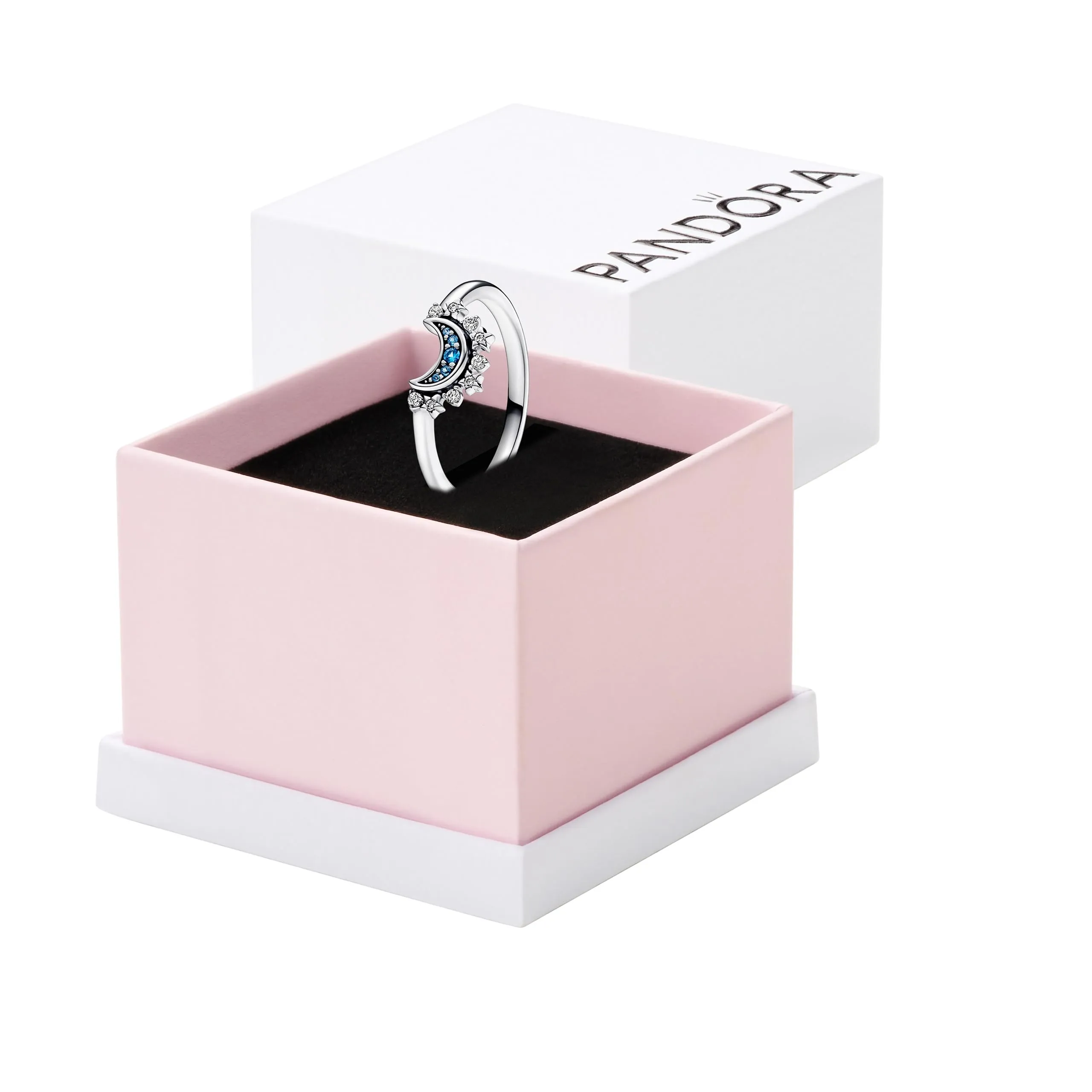 PANDORA Anello Moments con luna brillante, anello in argento Sterling con cristallo blu notte e zirconia cubica trasparente, 56