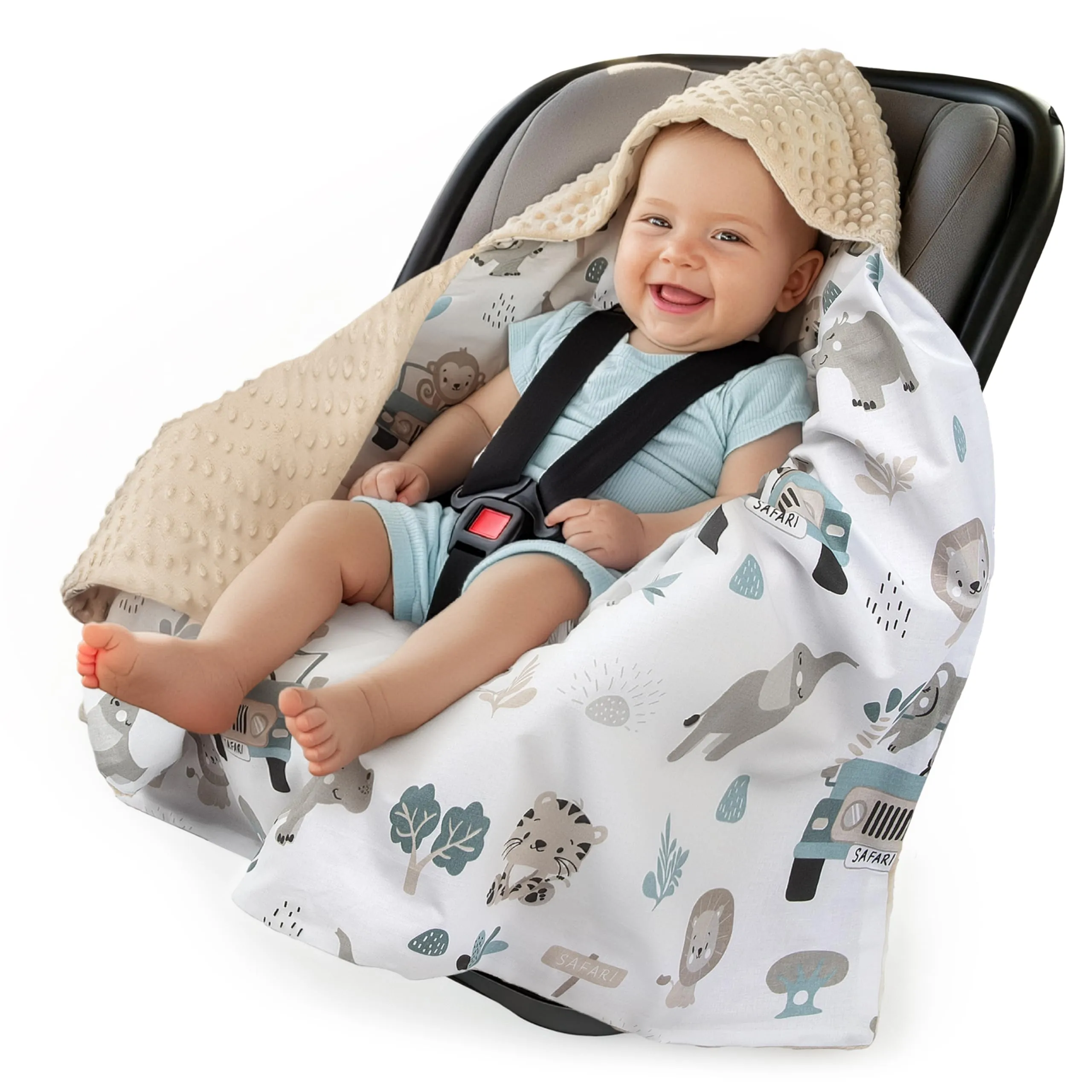 Medi Partners Coperta neonato ovetto Sacco per Passeggino - 100% Cotone universale Blanket 85x85cm fodera protettiva Morbida e Accogliente Passeggini Marsupio (Mint Zoo con Minky beige)