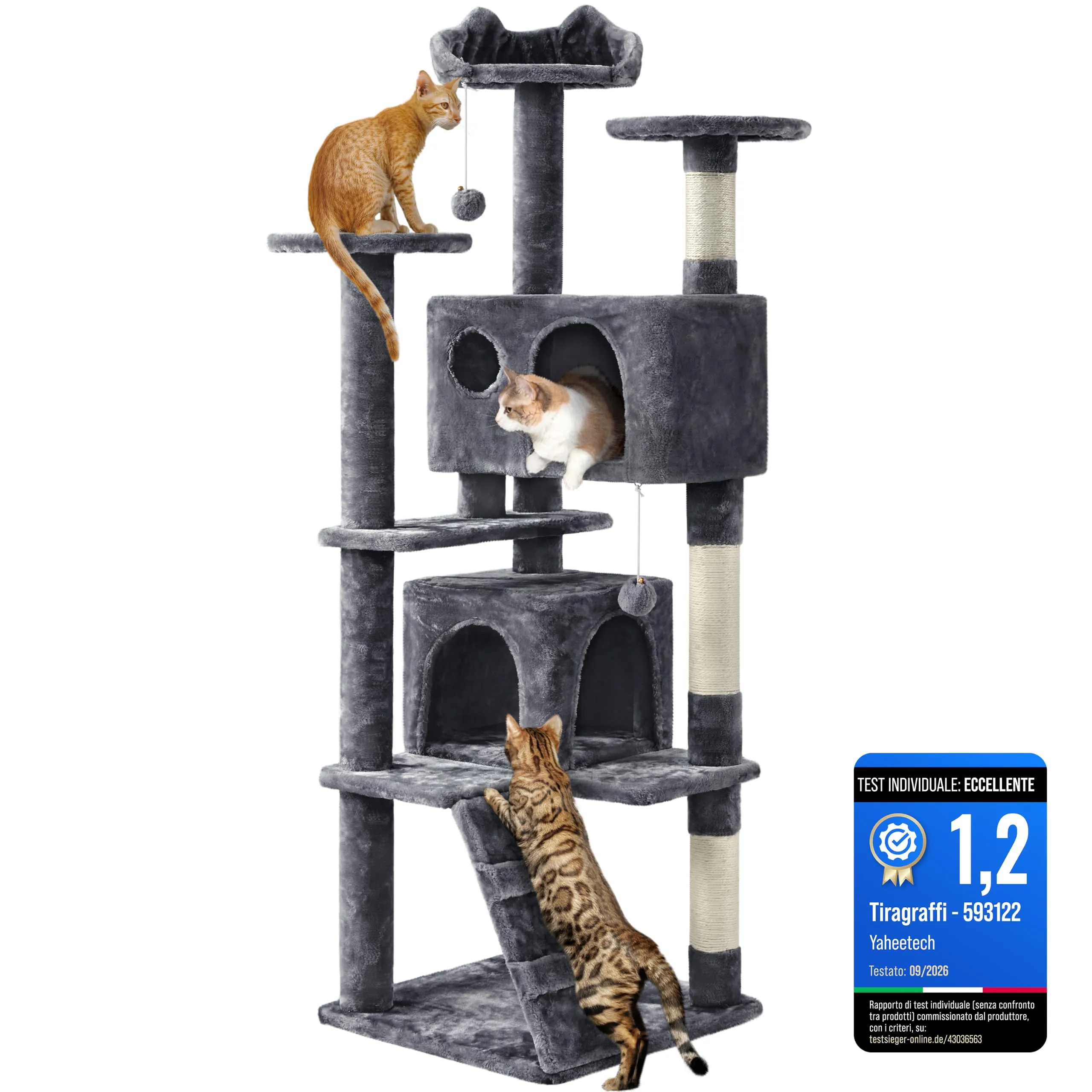 Yaheetech Albero Tiragraffi per Gatti 158 cm XXL Multilivello Grigio Scuro