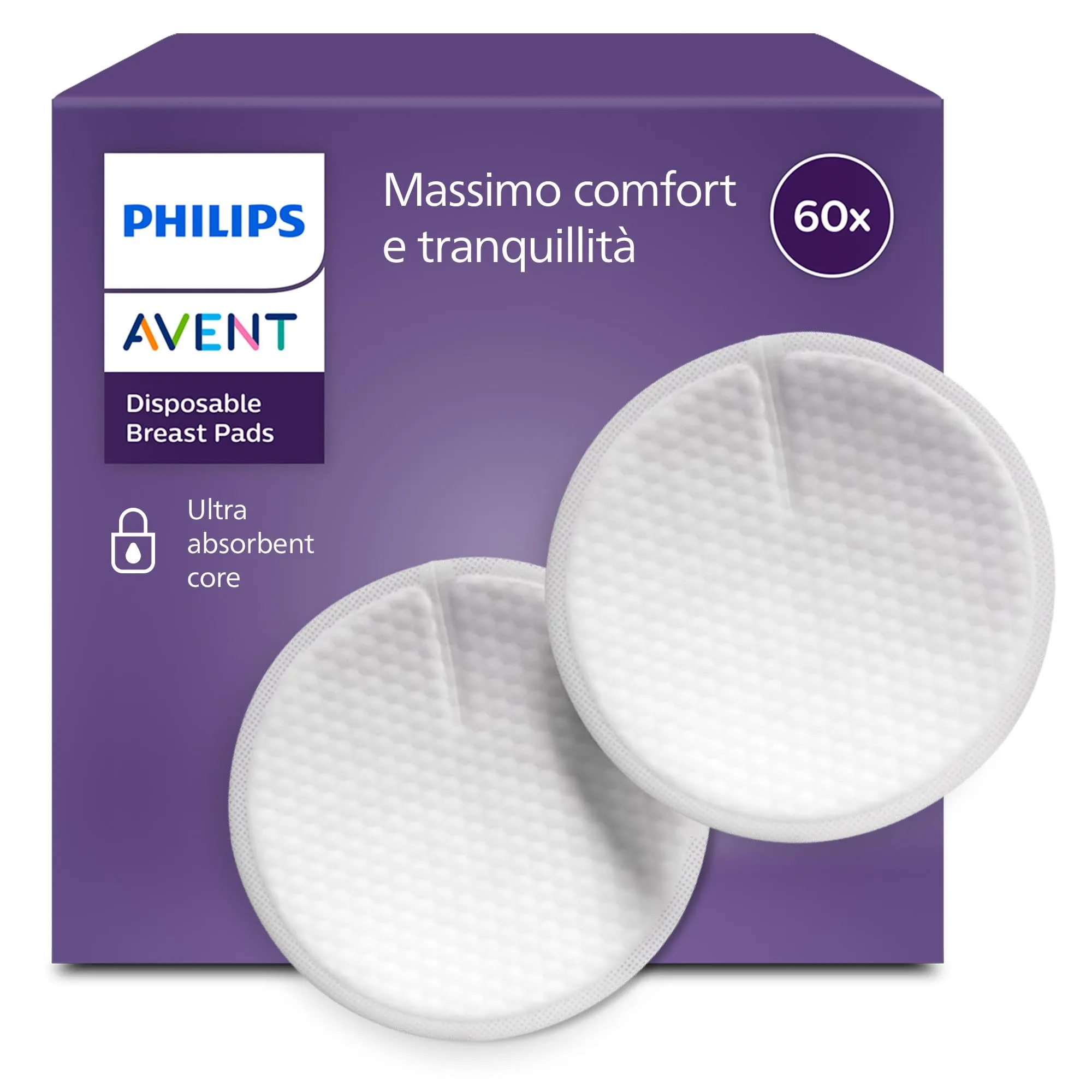 Philips Avent Coppette assorbilatte monouso – Nucleo a triplo strato, a prova di perdite, texture morbida a nido d’ape, ultra sottili e discrete, confezionate singolarmente, 60 pezzi, SCF254/61