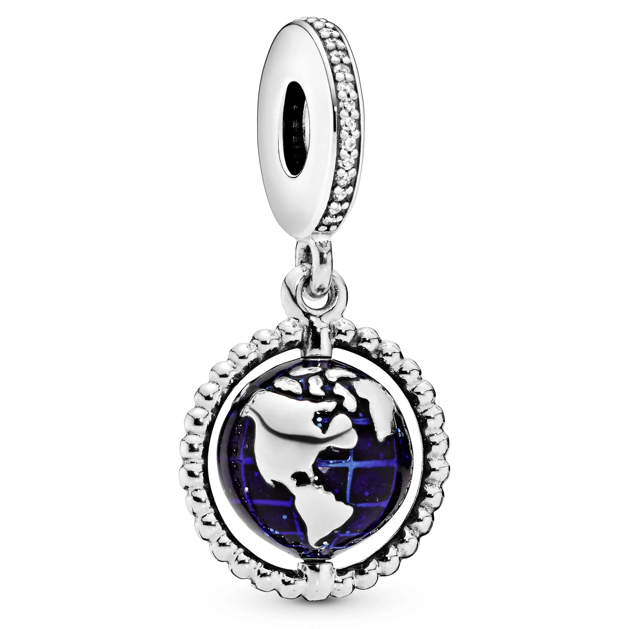 PANDORA Ciondolo in argento con mappamondo con zirconi cubici trasparenti e smalto blu