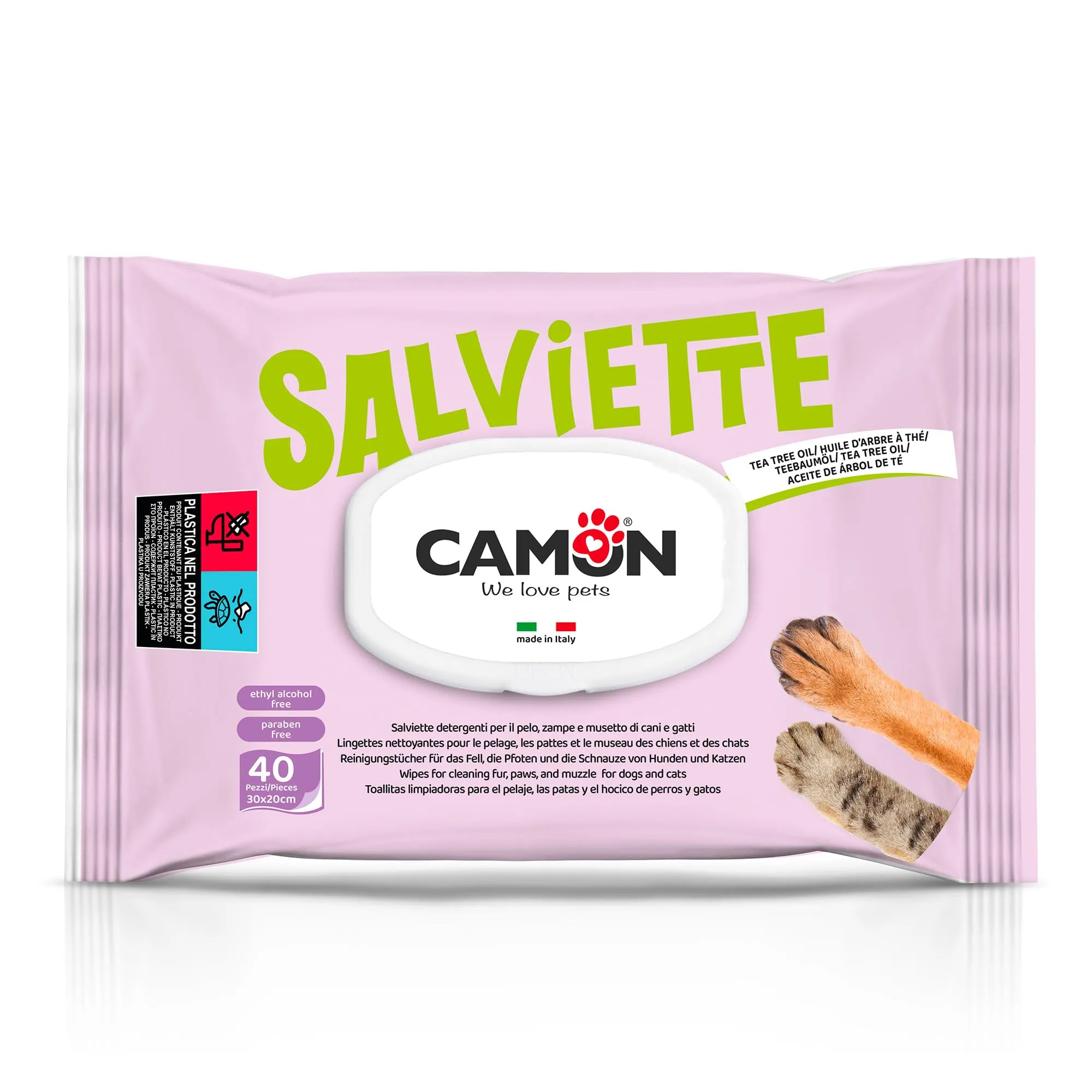 CAMON - Salviette Detergenti per Cani e Gatti, 30x20 cm, Made in Italy