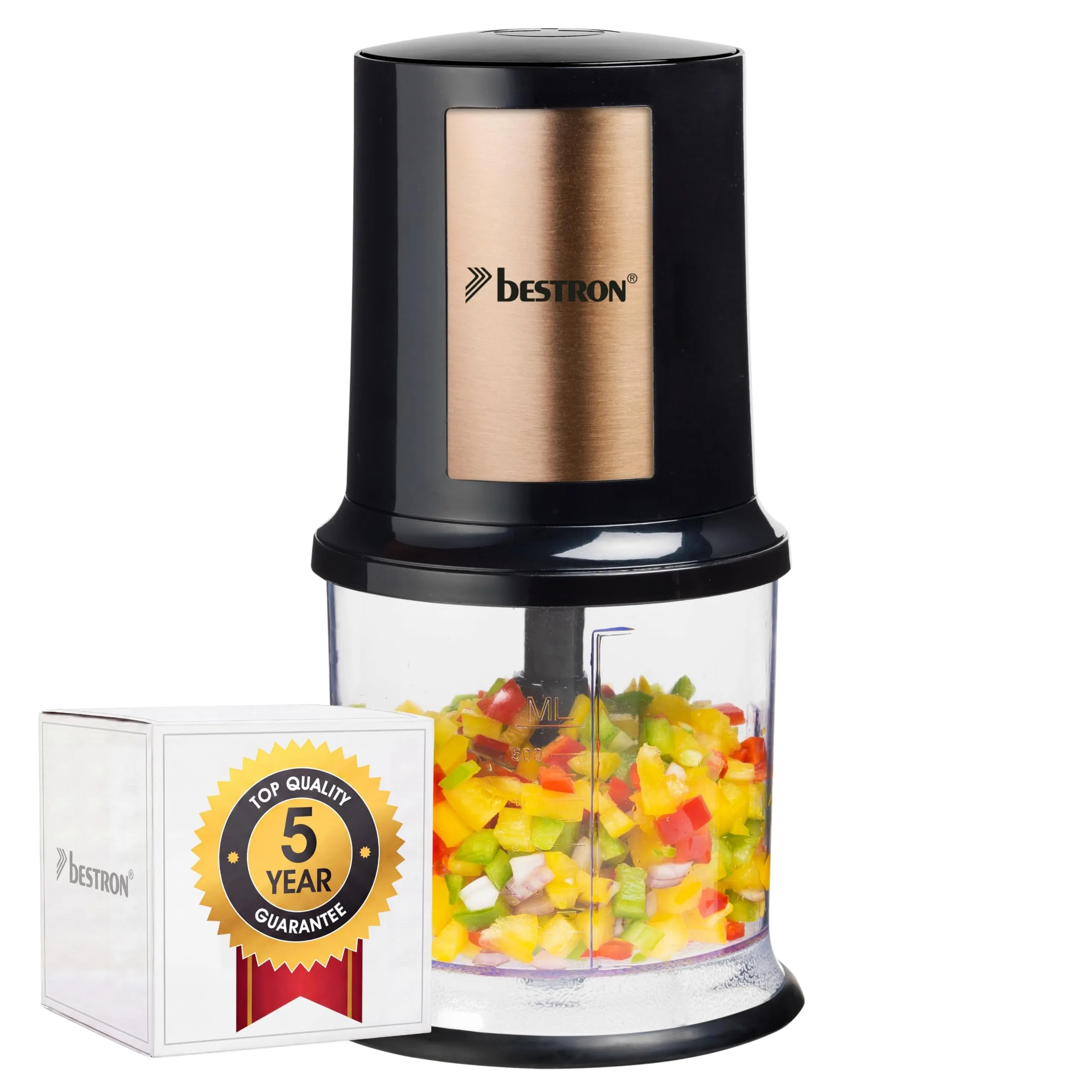 Bestron Tritatutto elettrico, tritatutto universale con due coltelli da taglio e capacità 500 ml, grande pulsante a pulsante, 400 Watt, colore: rame