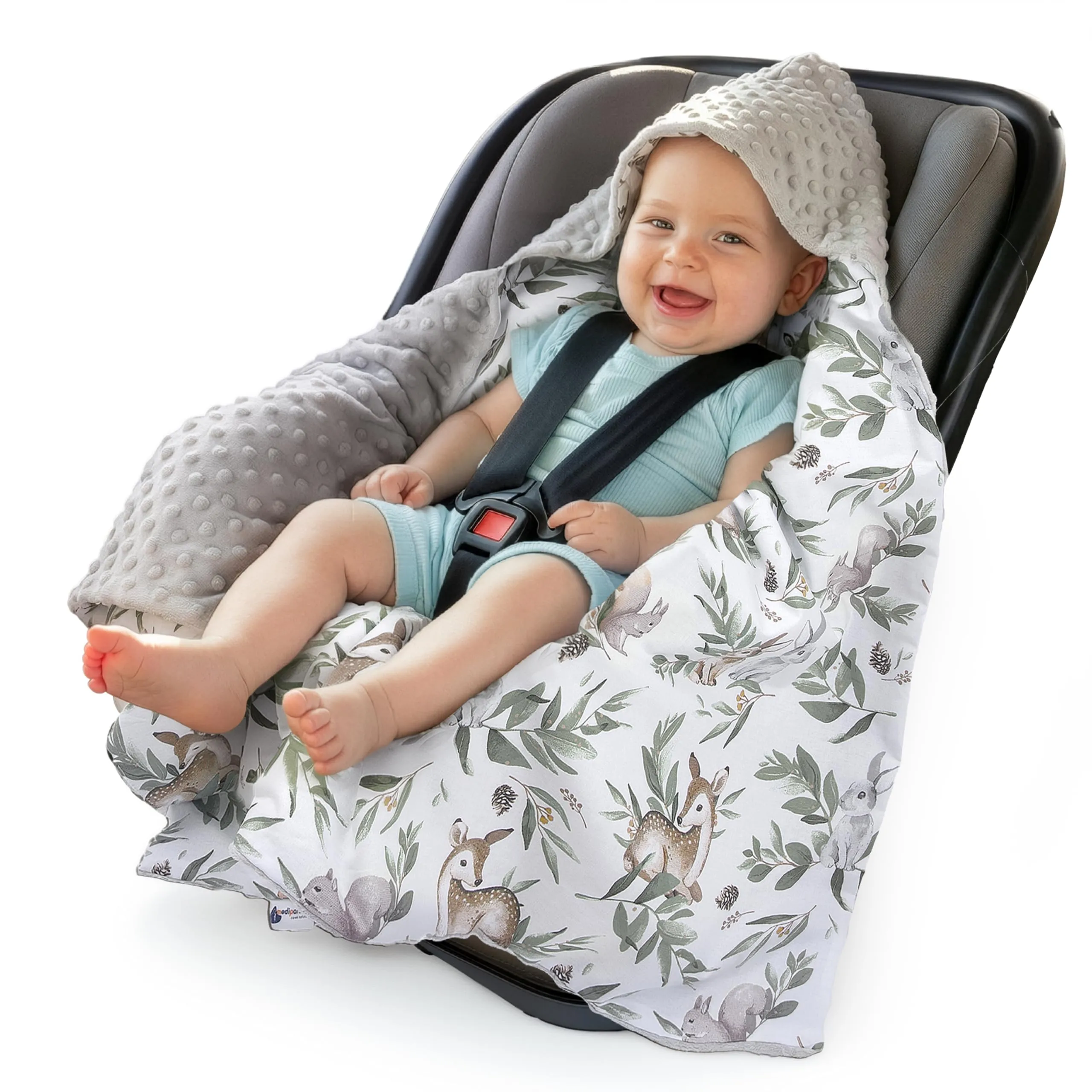 Medi Partners Coperta neonato ovetto Sacco per Passeggino - 100% Cotone universale Blanket 85x85cm fodera protettiva Morbida e Accogliente Passeggini Marsupio (Cervo in foglie con Minky grigio)